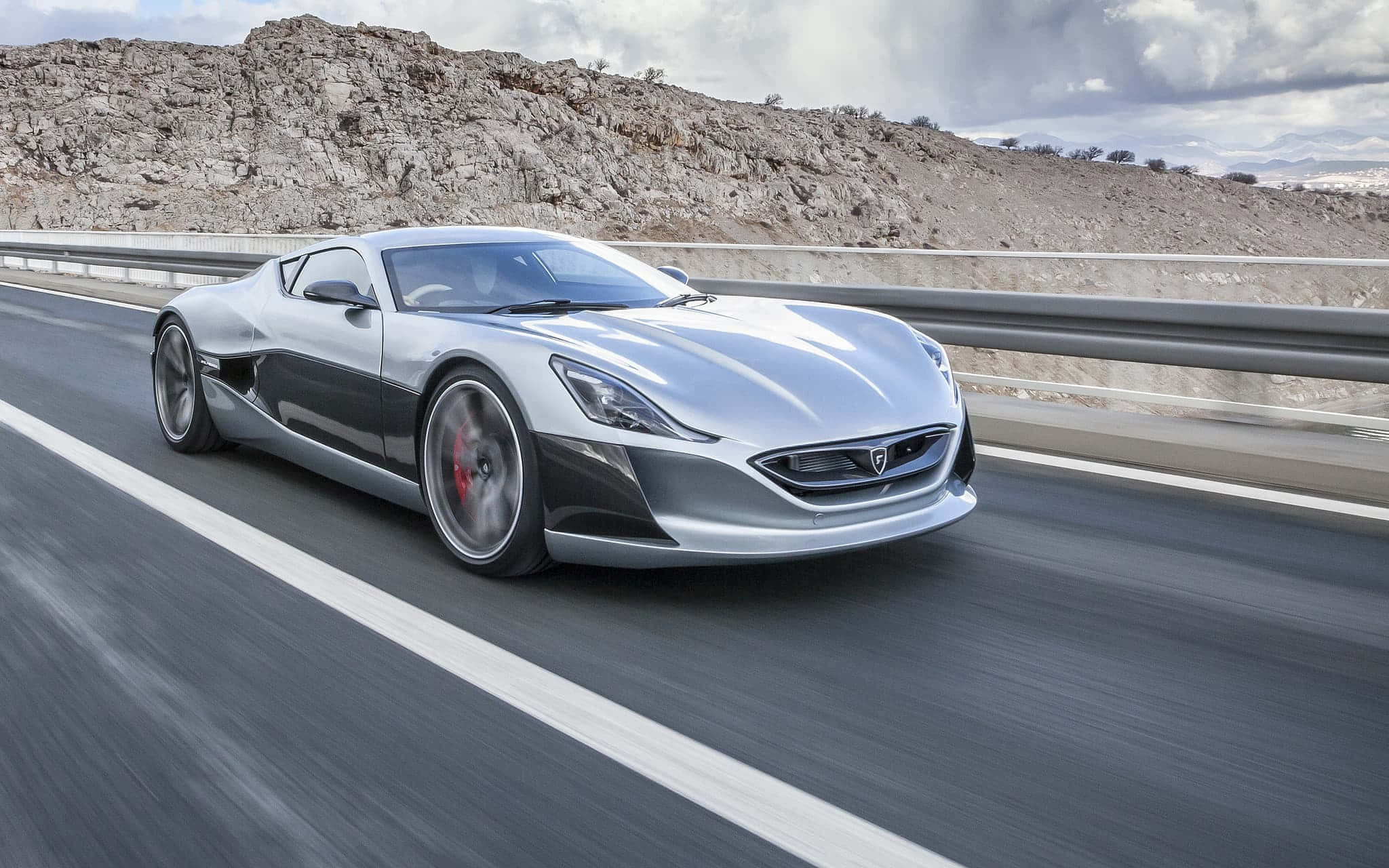 Rimac Concept One, silver, stormy sky, Full HD Desktop Wallpaper