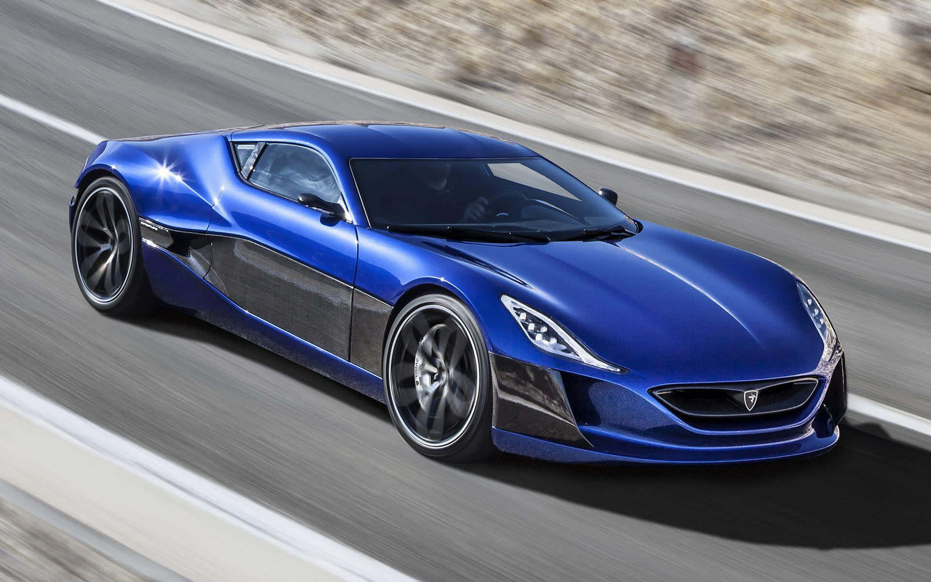 Rimac Concept One, sleek blue sports car, winding road, Full HD Desktop Wallpaper