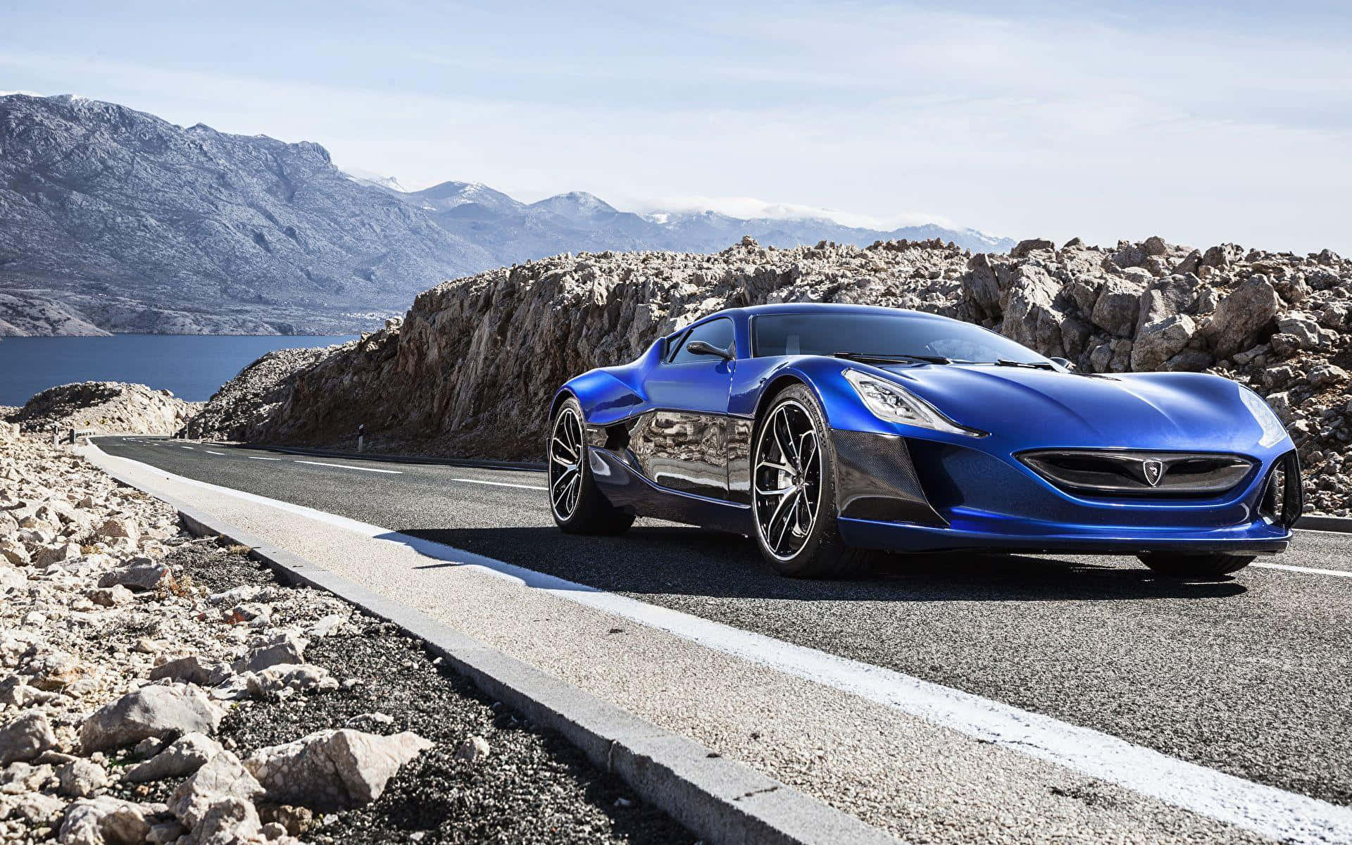 Rimac Concept One, blue, winding mountain road, Full HD Desktop Wallpaper