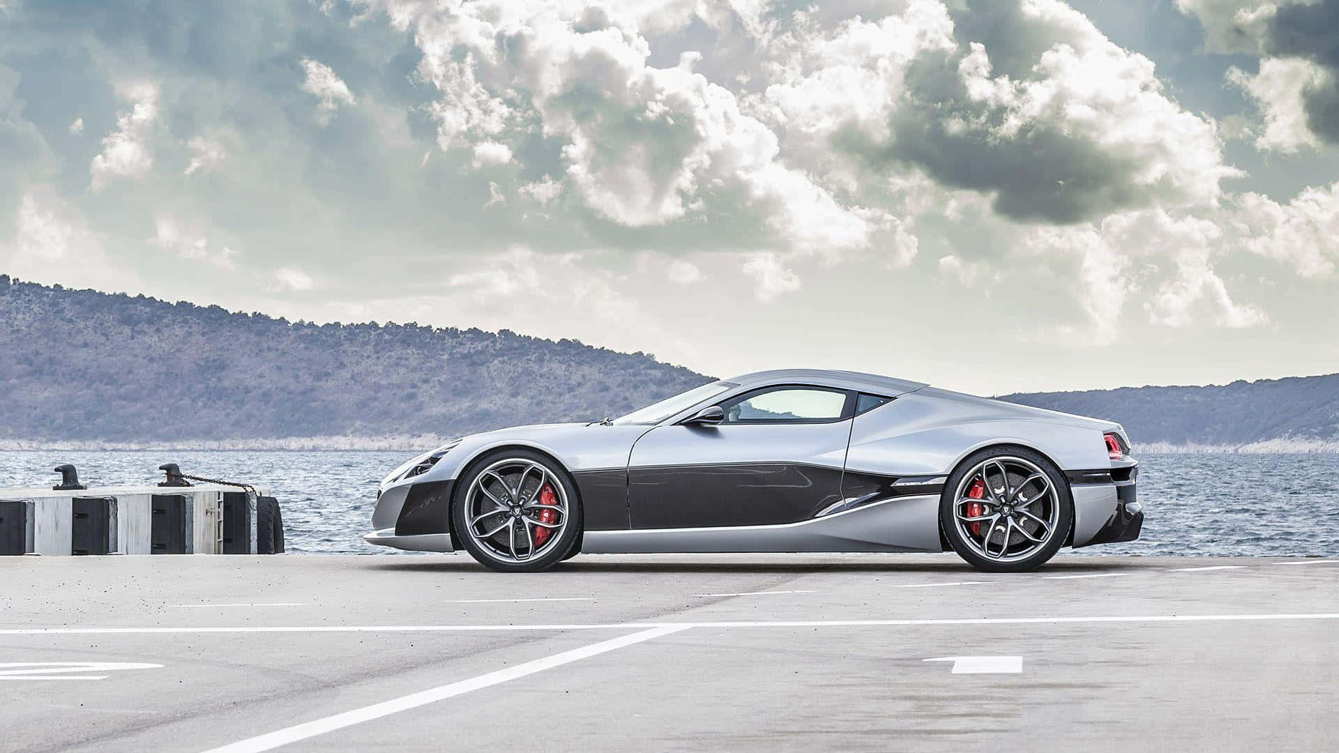 Rimac Concept One, silver, red brake calipers, Full HD Desktop Wallpaper