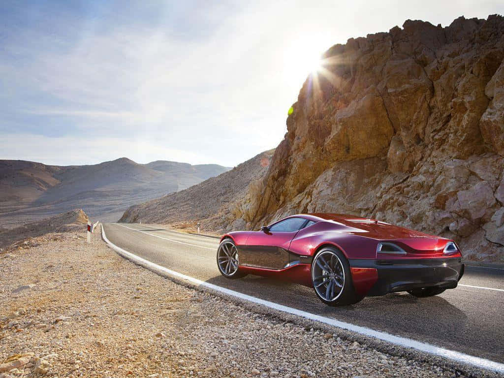 Rimac Concept One, red, winding desert road, SD Desktop Wallpaper