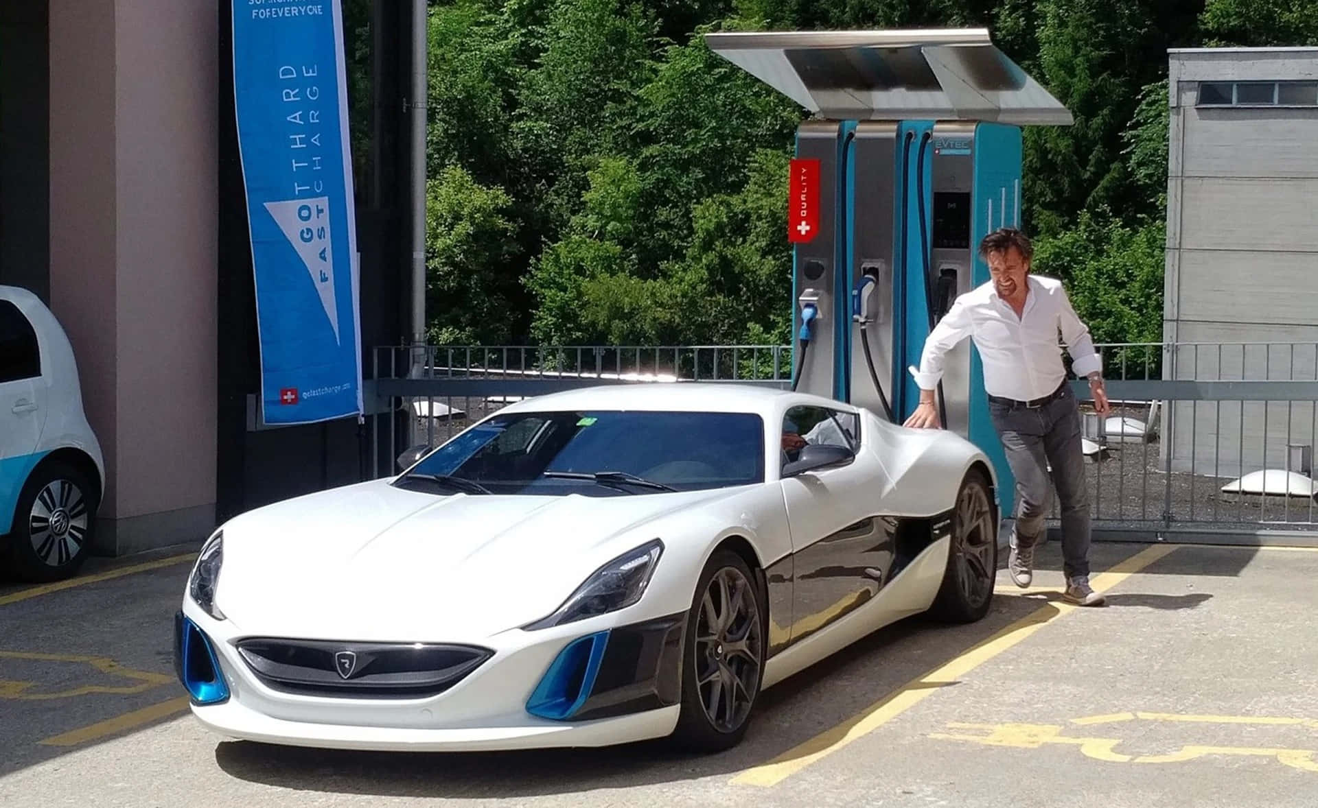 Rimac Concept S, white and blue electric sports car, charging station, Full HD Desktop Wallpaper