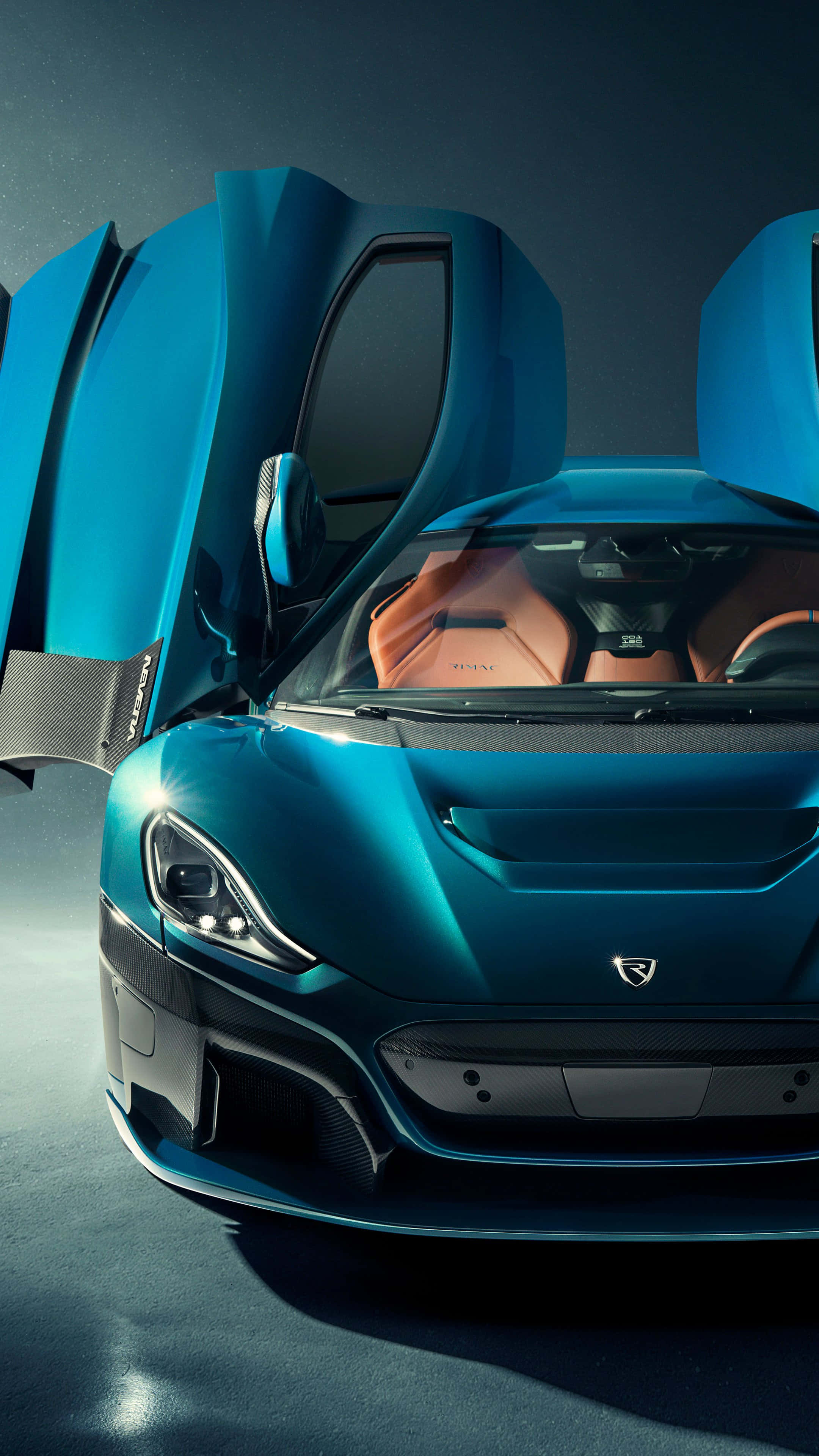 Rimac Nevera, blue sports car, gull-wing doors, 4K Phone Wallpaper
