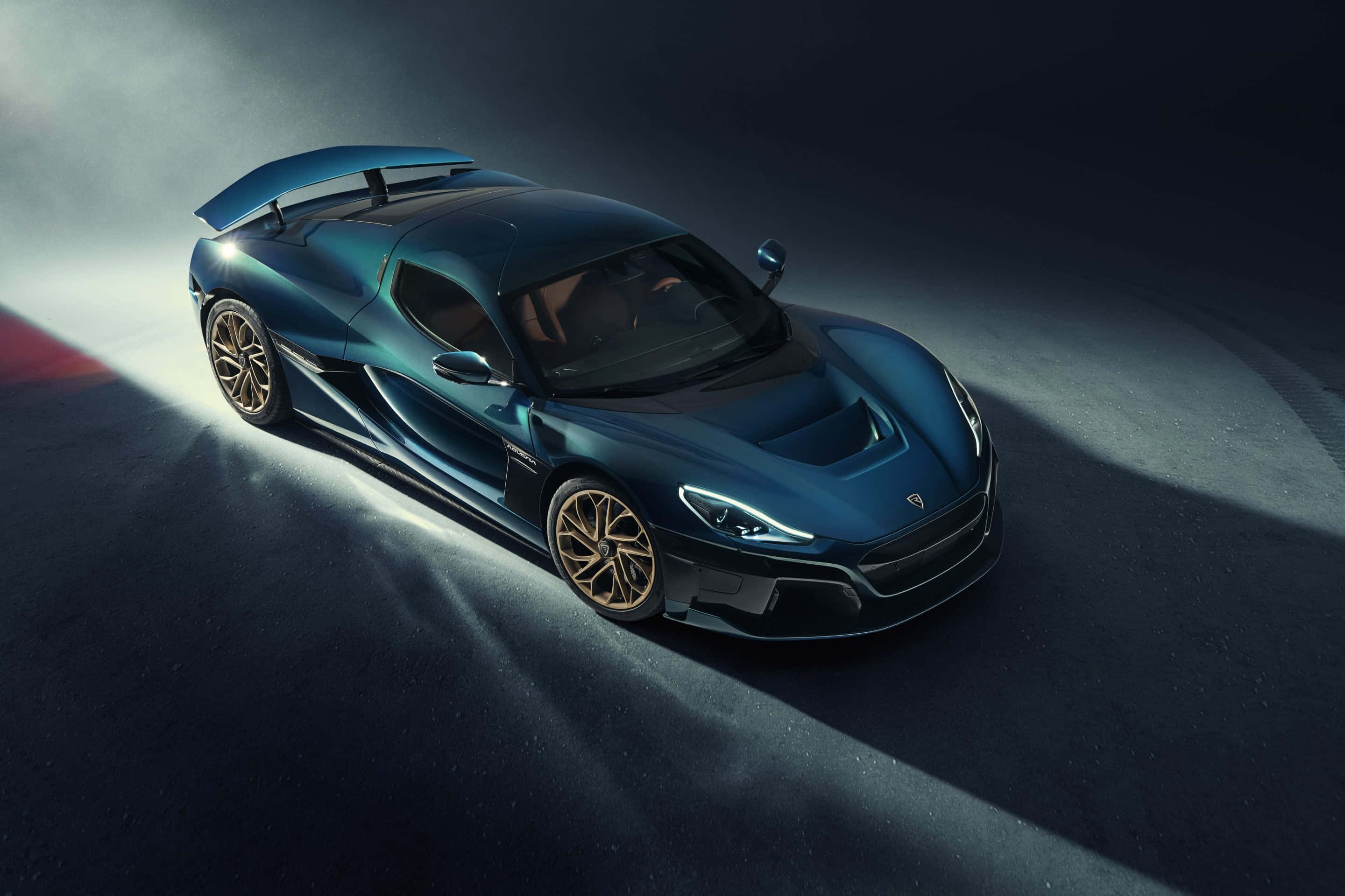 Rimac Nevera, blue hypercar, gold wheels, 2K Desktop Wallpaper