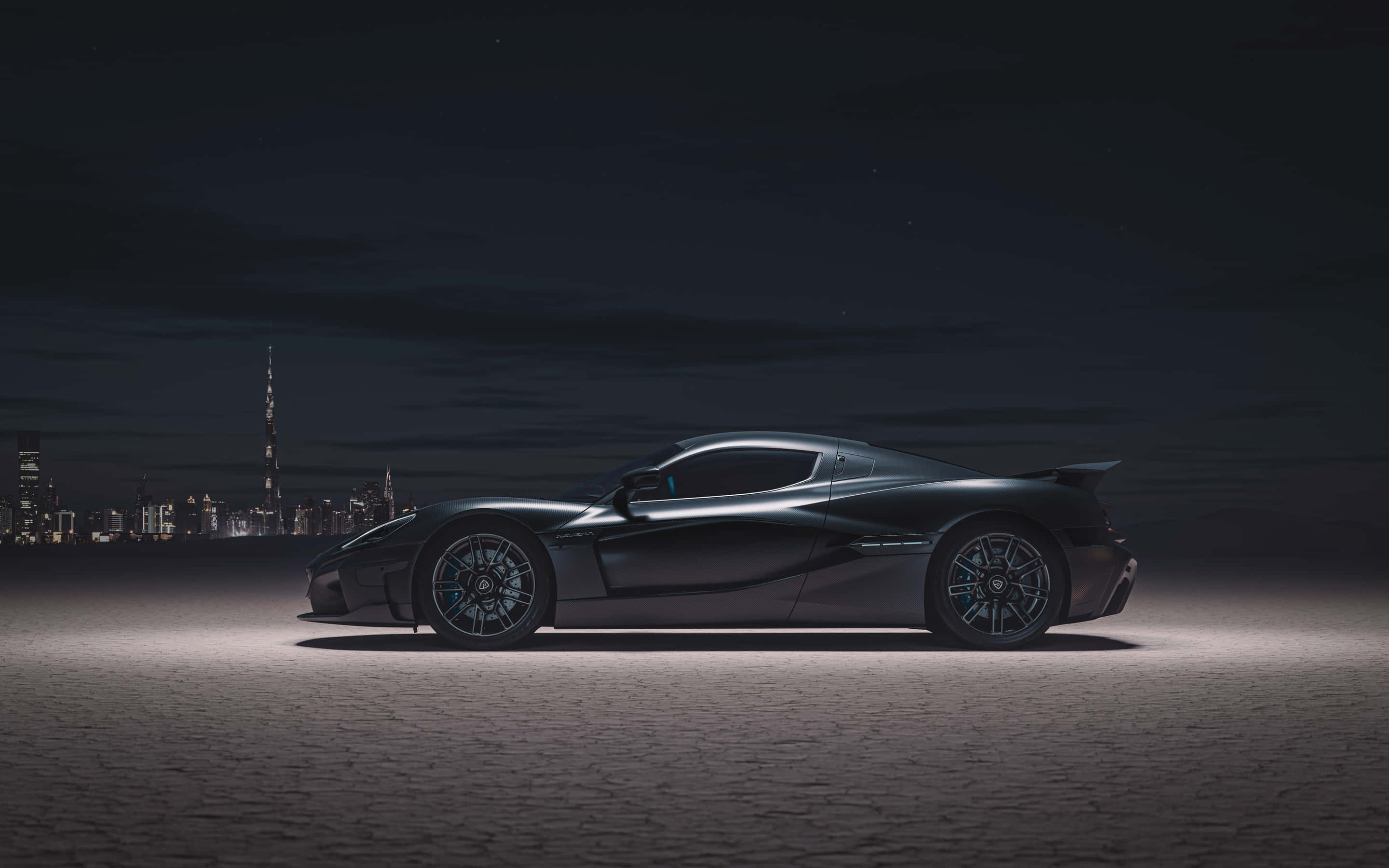 Rimac Nevera, matte black, spotlights, 2K Desktop Wallpaper