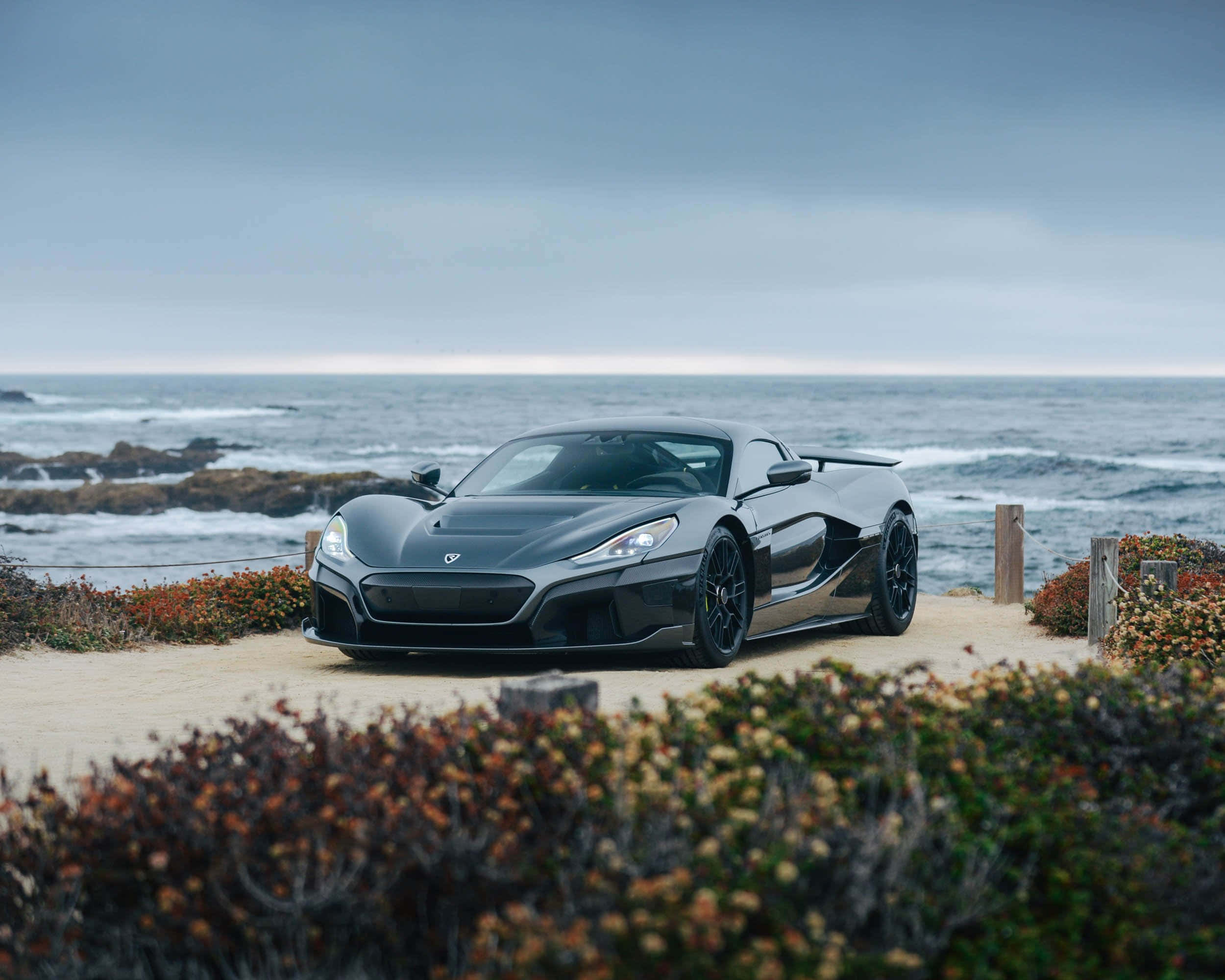 Rimac Nevera, matte black, coastal path, Full HD Desktop Wallpaper