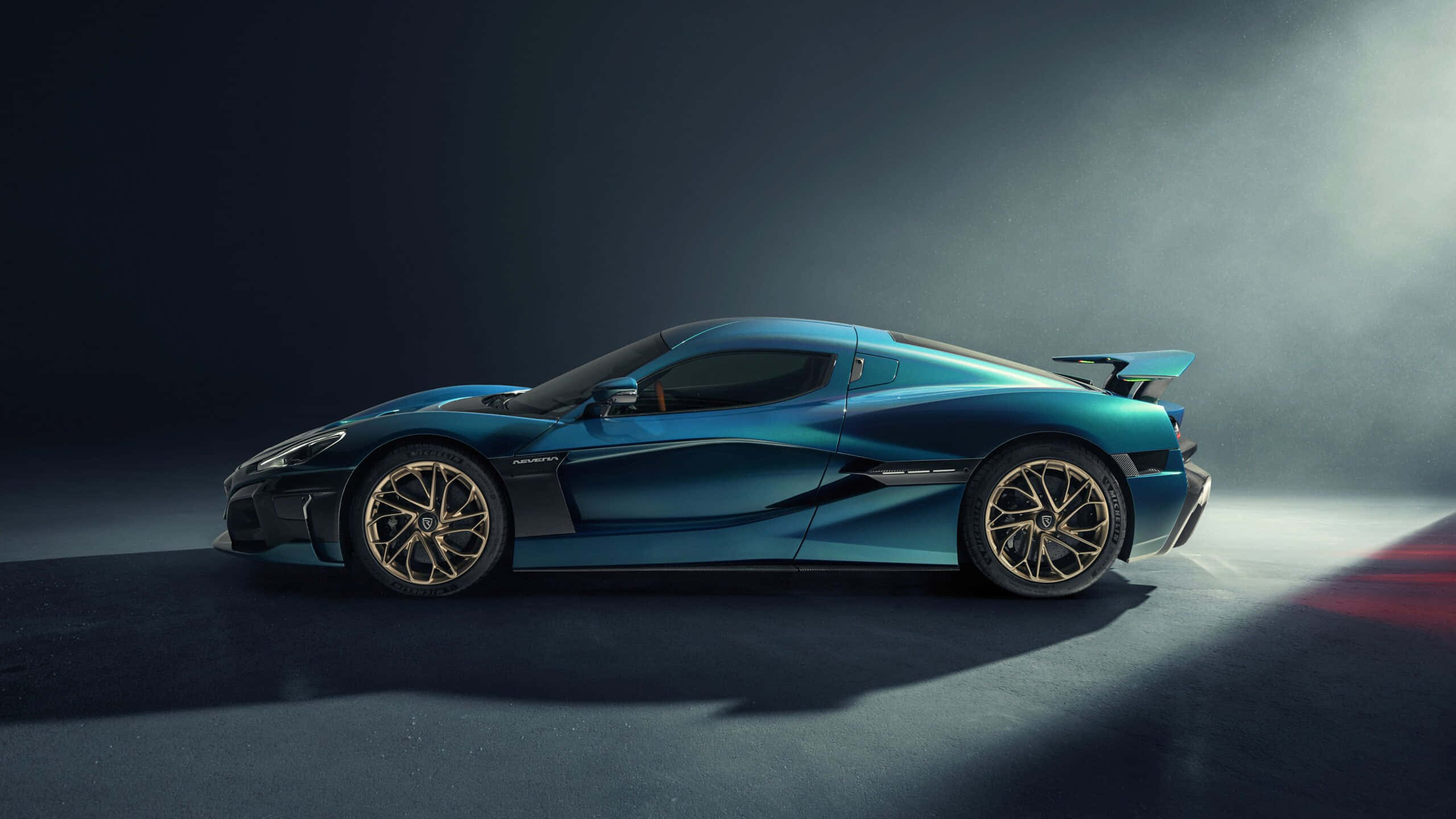 Rimac Nevera, blue, gold wheels, 2K Desktop Wallpaper