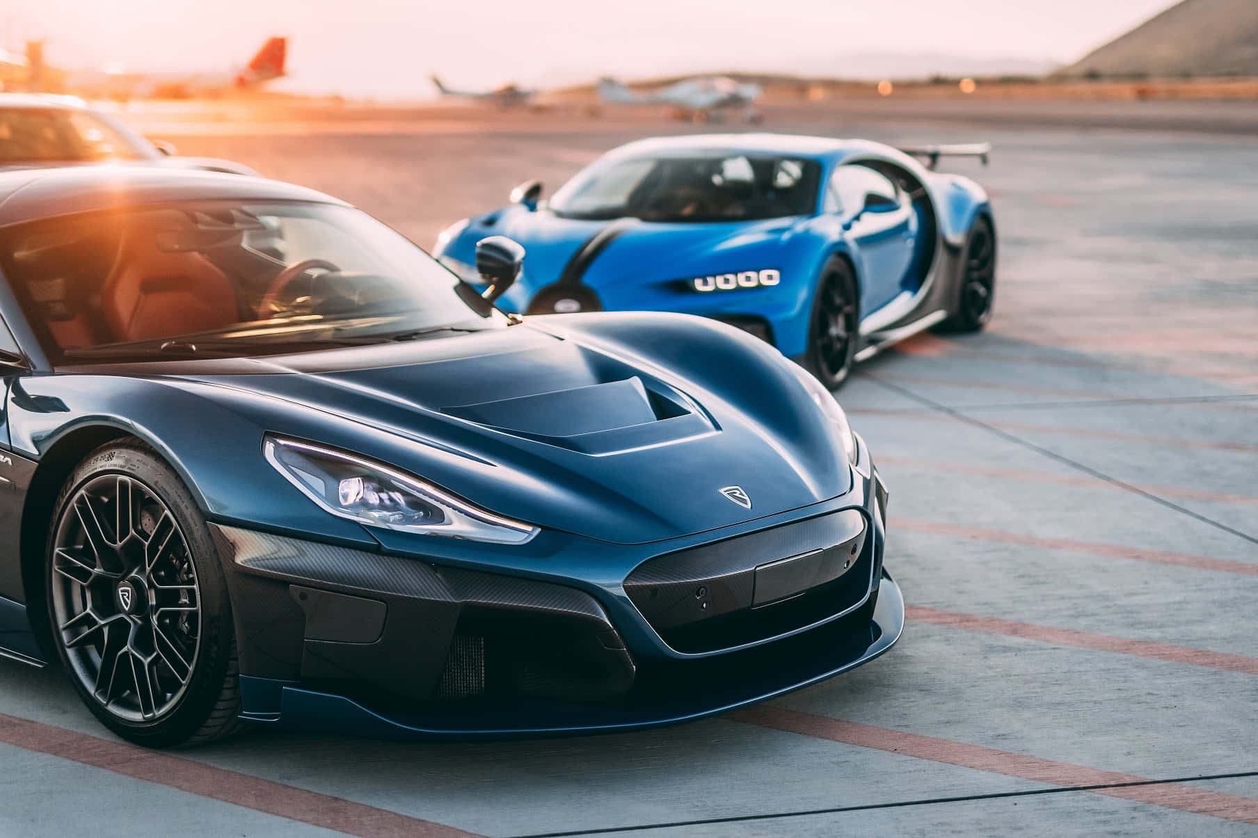 Rimac Nevera, golden sunset, airport tarmac, HD Desktop Wallpaper