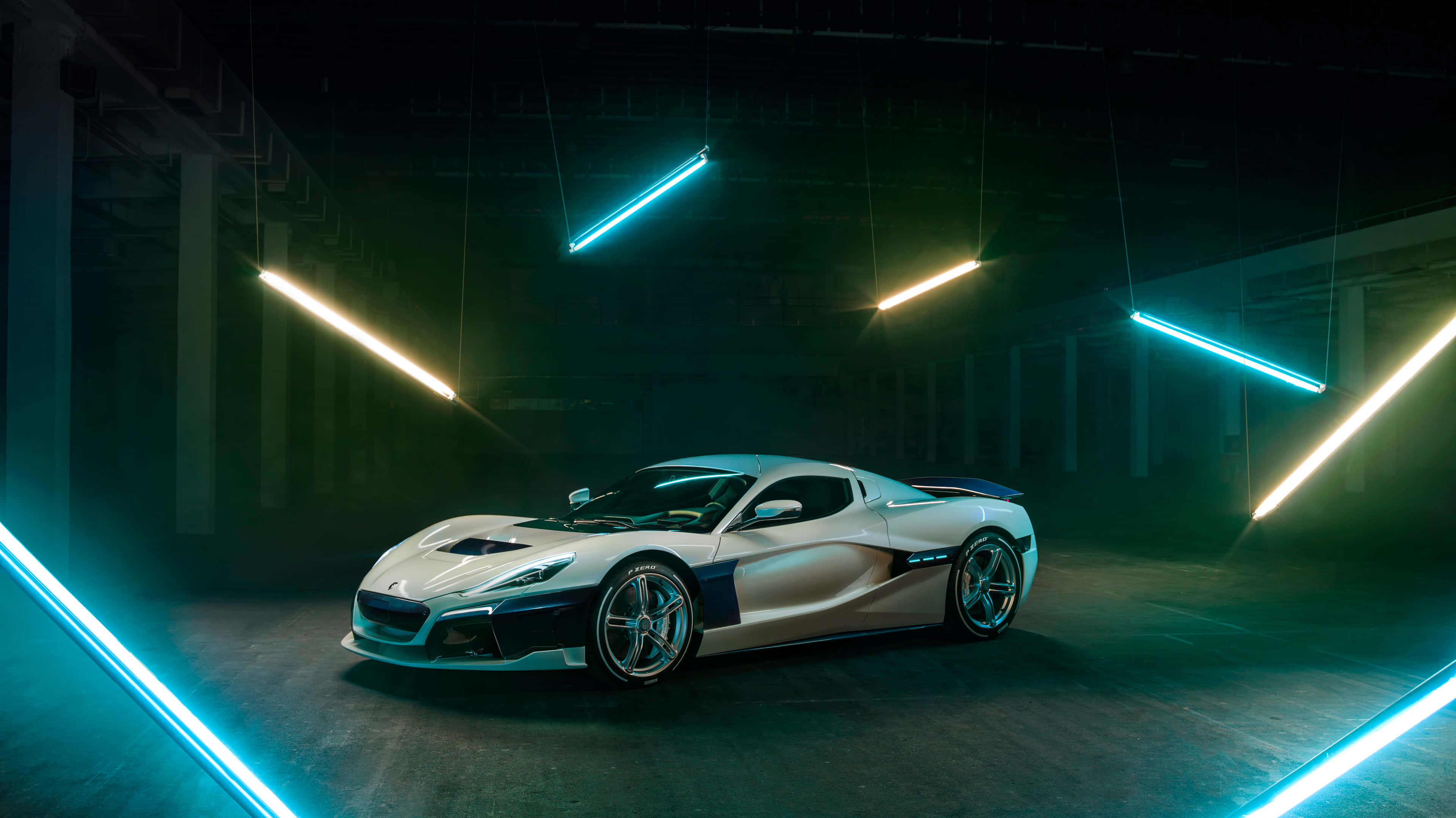 Rimac Nevera, silver, neon lights, 4K Desktop Wallpaper