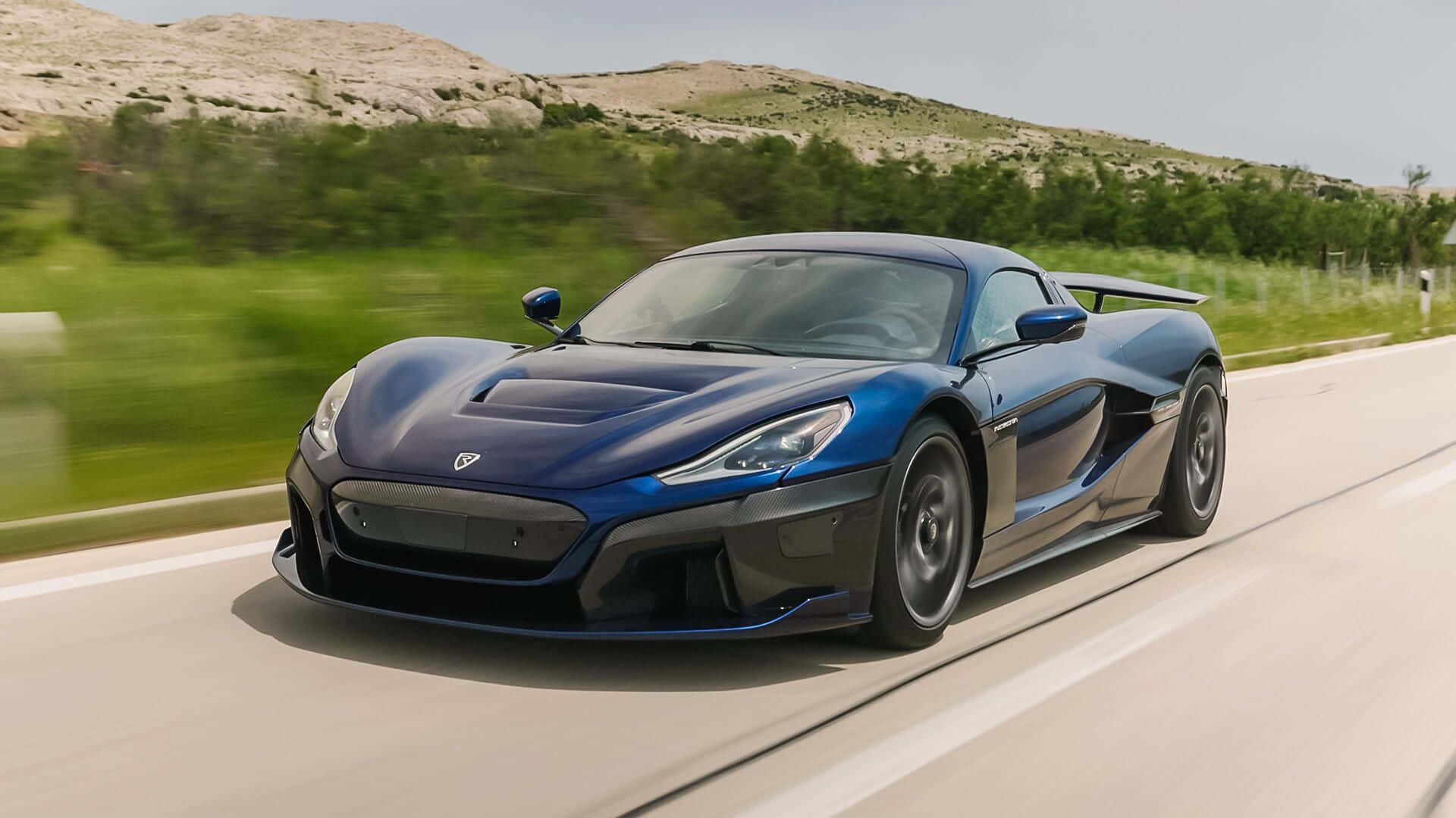 Rimac Nevera, sleek blue hypercar, sunlit highway, Full HD Desktop Wallpaper