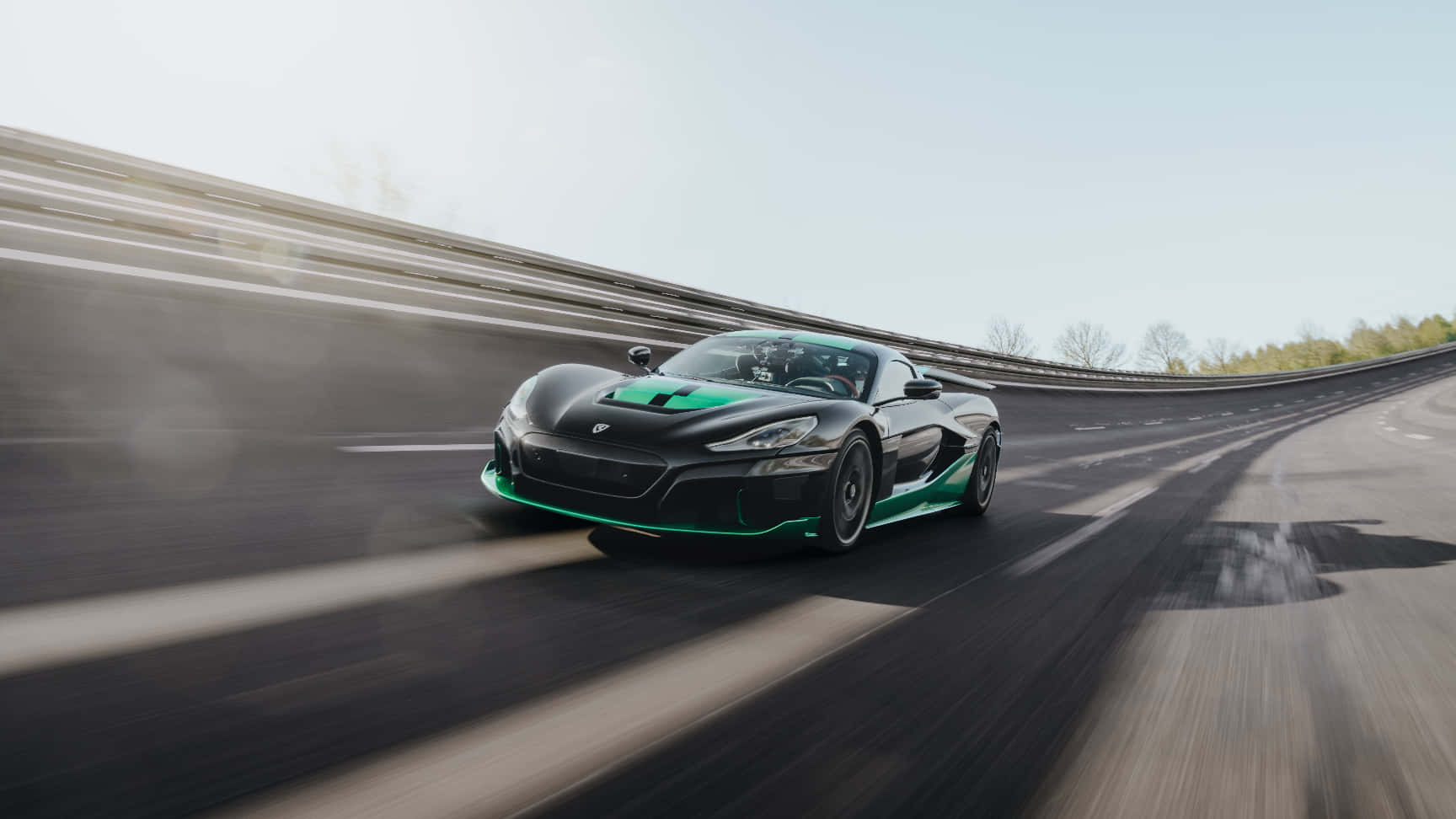 Rimac Nevera, black and green, curving highway, HD Desktop Wallpaper