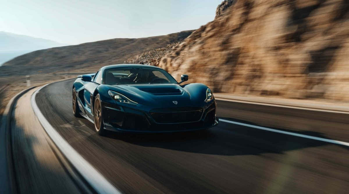 Rimac Nevera, dark blue, winding mountain road, SD Desktop Wallpaper