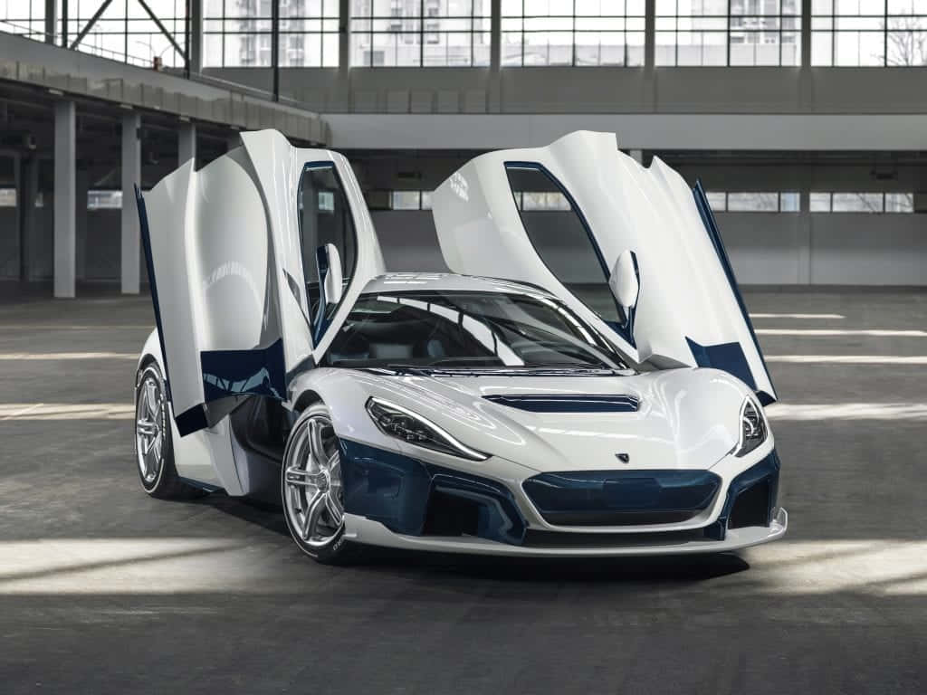 Rimac Nevera, white and blue, gullwing doors, SD Desktop Wallpaper