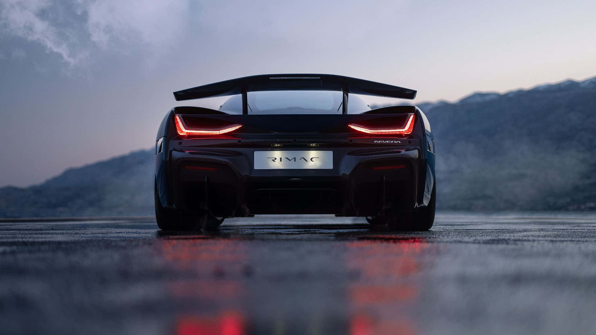 Rimac Nevera, black, glowing red taillights, Full HD Desktop Wallpaper
