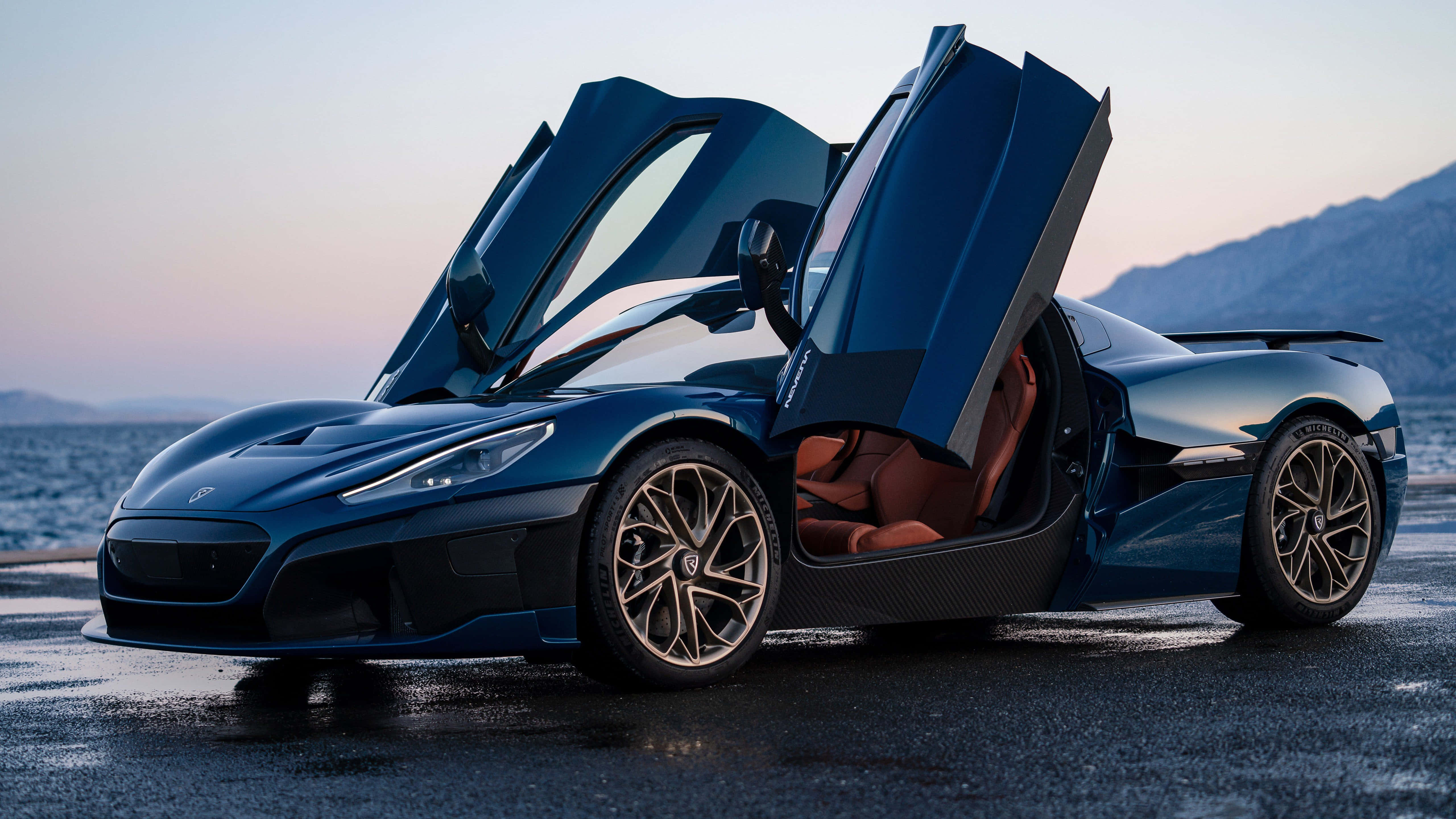 Rimac Nevera, blue hypercar, gullwing doors, 5K Desktop Wallpaper
