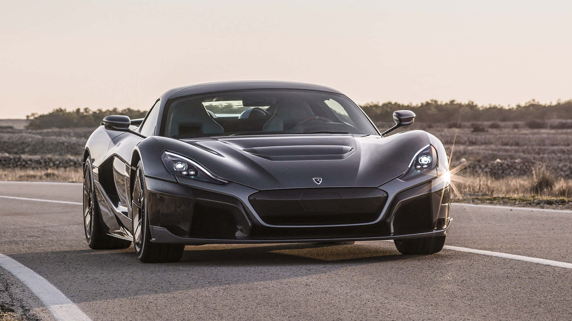 Rimac, matte black, glowing headlights, Full HD Desktop Wallpaper