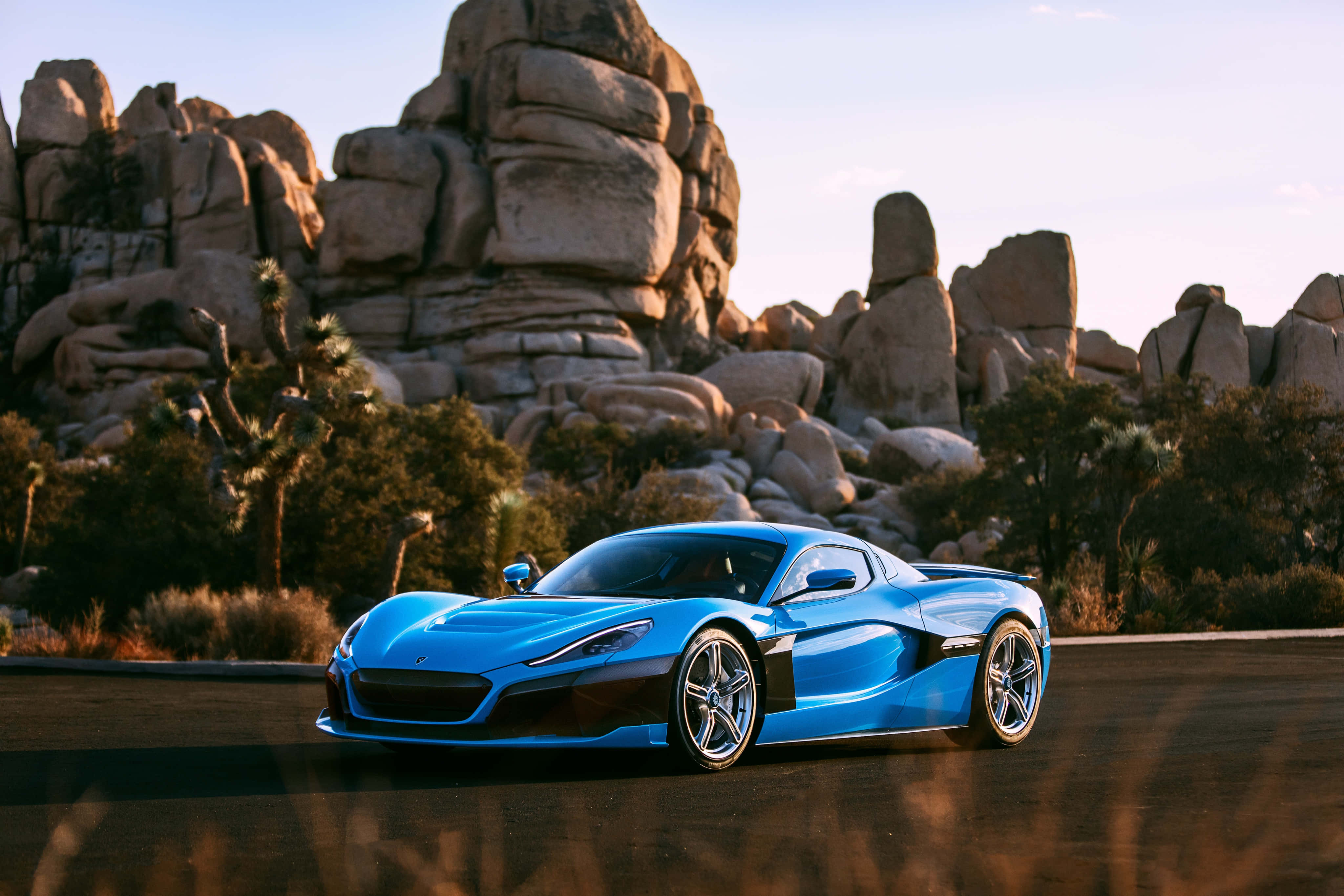 Rimac C_Two, desert road, golden sunset light, 4K Desktop Wallpaper