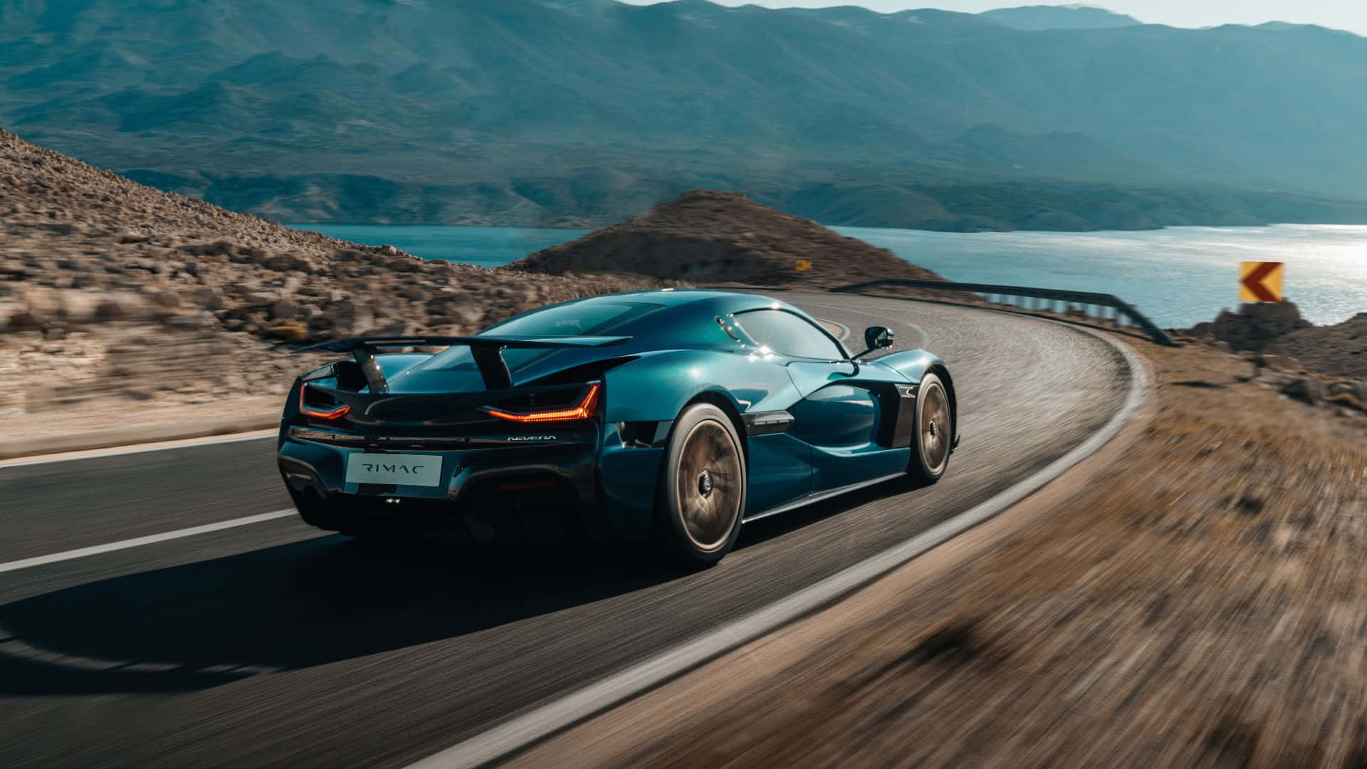 Rimac C_Two, teal, coastal road, Full HD Desktop Wallpaper