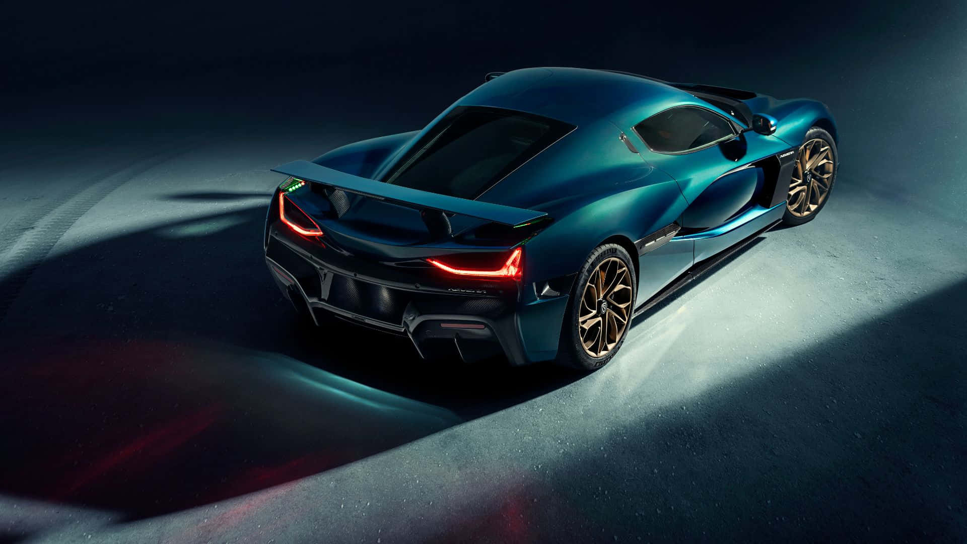 Rimac, teal, glowing red taillights, Full HD Desktop Wallpaper
