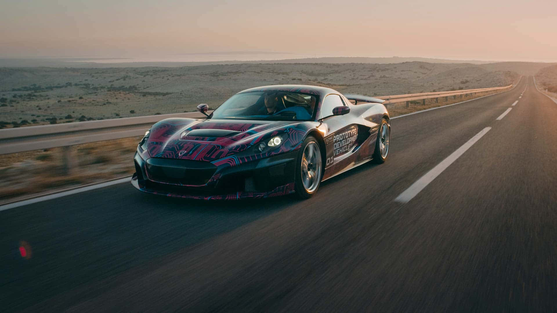 Rimac, Futuristic Electric Hypercar, desert highway, Full HD Desktop Wallpaper
