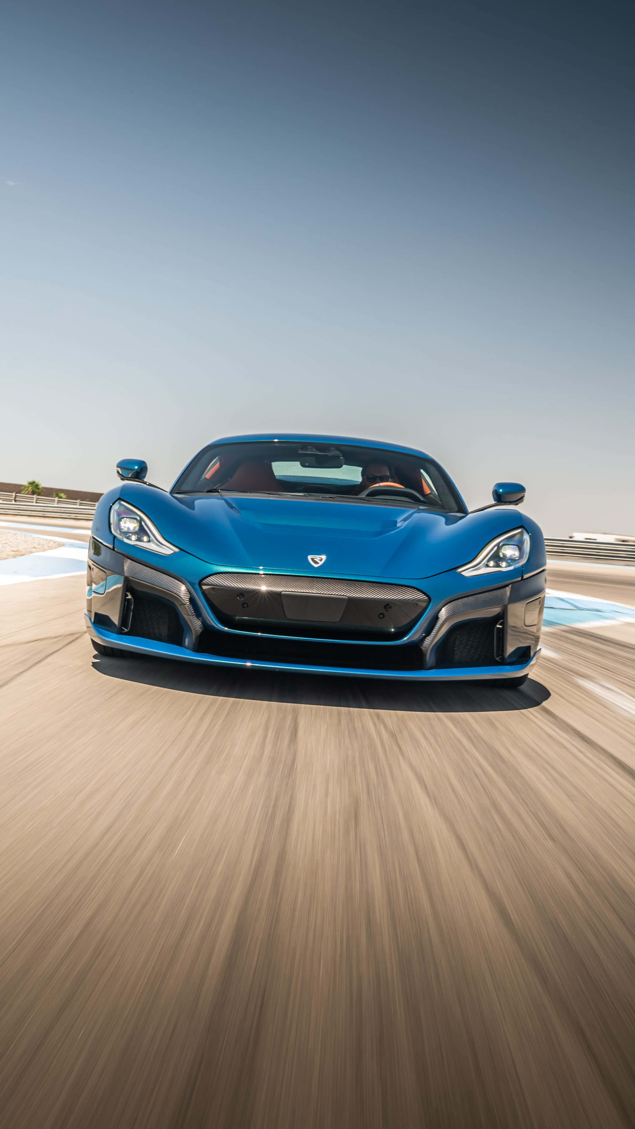 Rimac, vibrant blue, mountain road, 4K Phone Wallpaper
