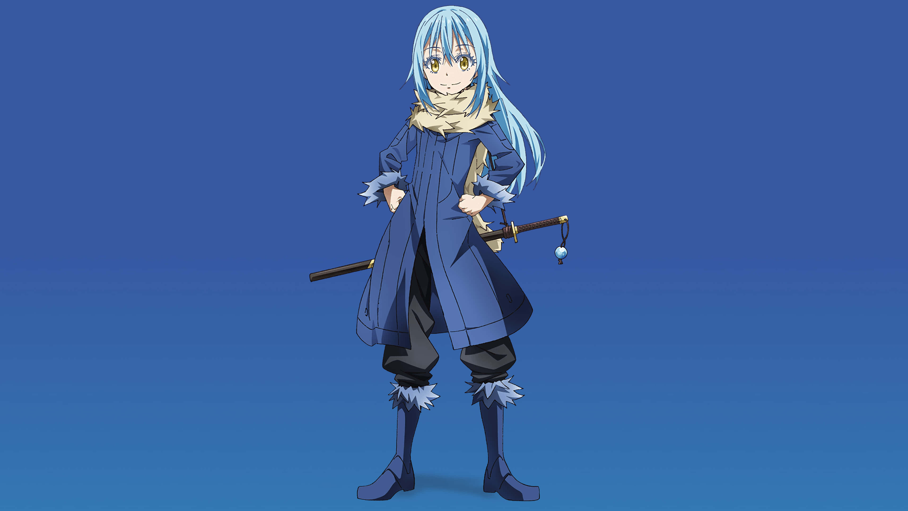 Blue Rimuru PFP, blue-haired anime girl, long coat, 4K Desktop Wallpaper