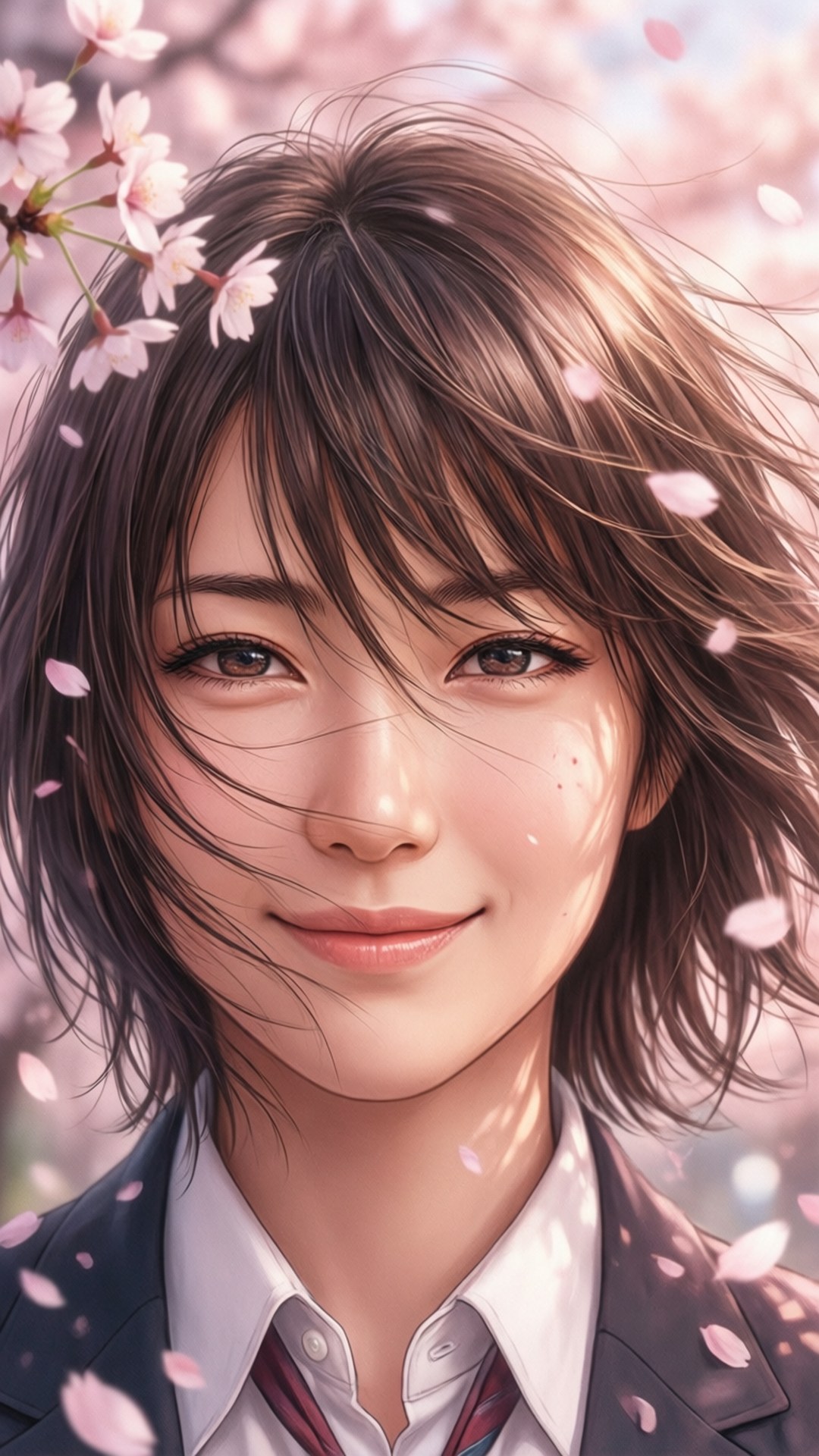 Rin Obami, cherry blossoms, gentle smile, Full HD Phone Wallpaper
