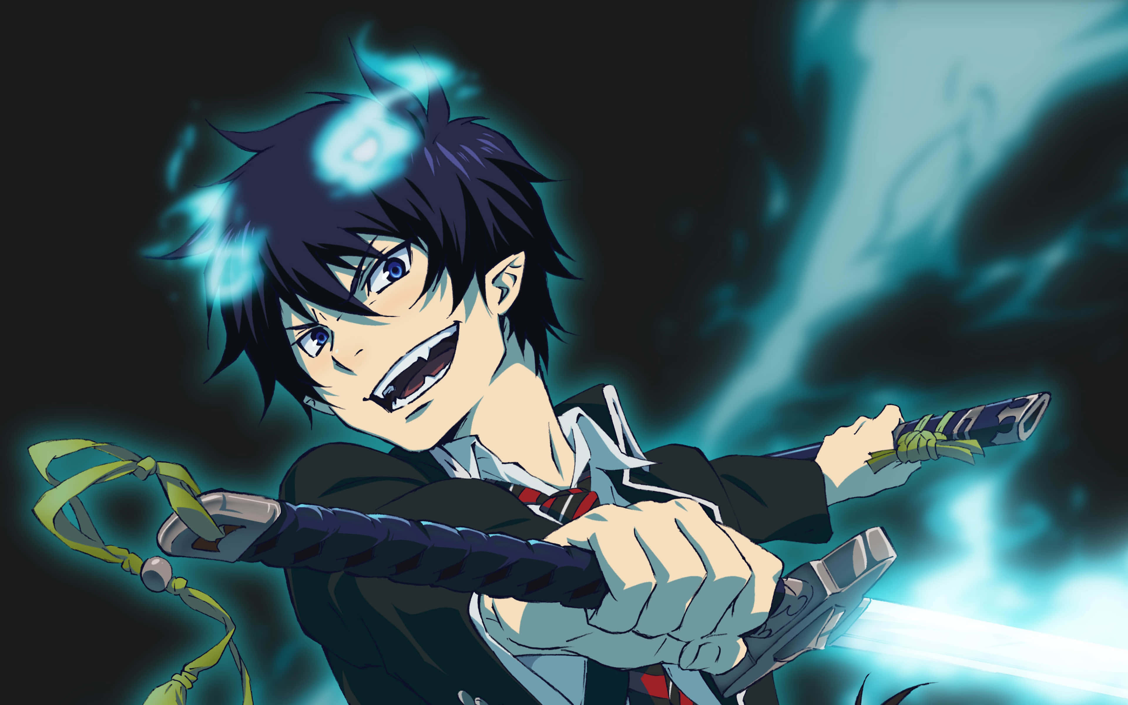 Rin Okumura, blue flames, sword, 4K Desktop Wallpaper