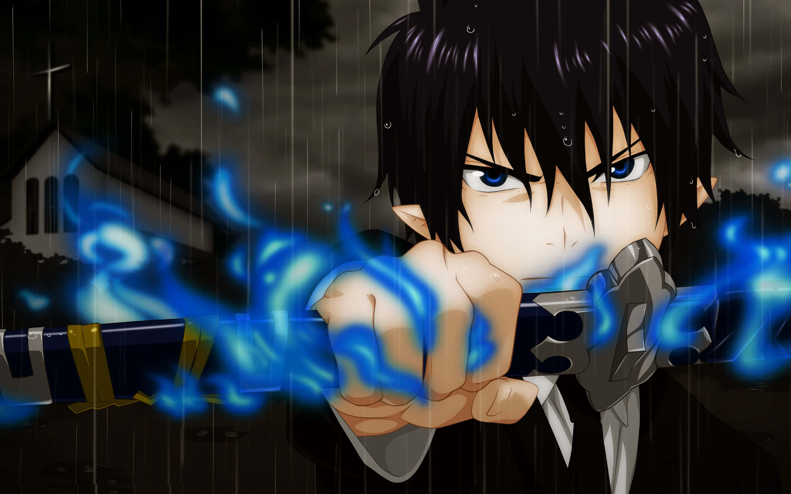 Rin Okumura, glowing blue sword, rainy night scene, 2K Desktop Wallpaper