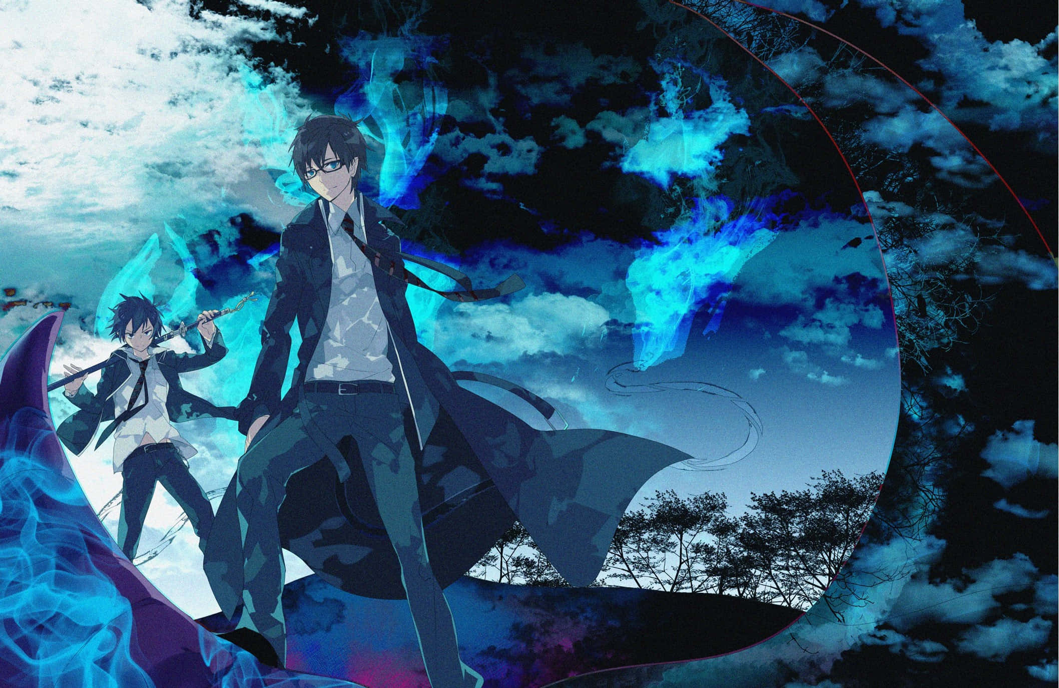 Rin Okumura, blue flames, swirling blue energy, Full HD Desktop Wallpaper
