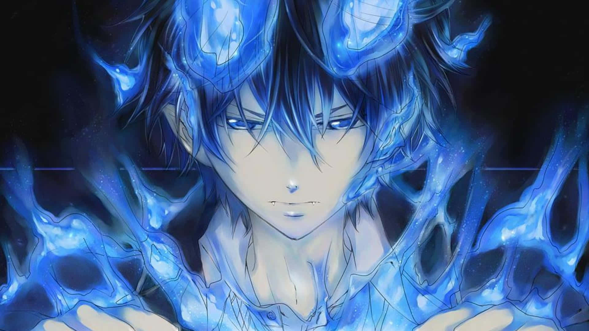Rin Okumura, blue-haired, glowing blue energy, Full HD Desktop Wallpaper