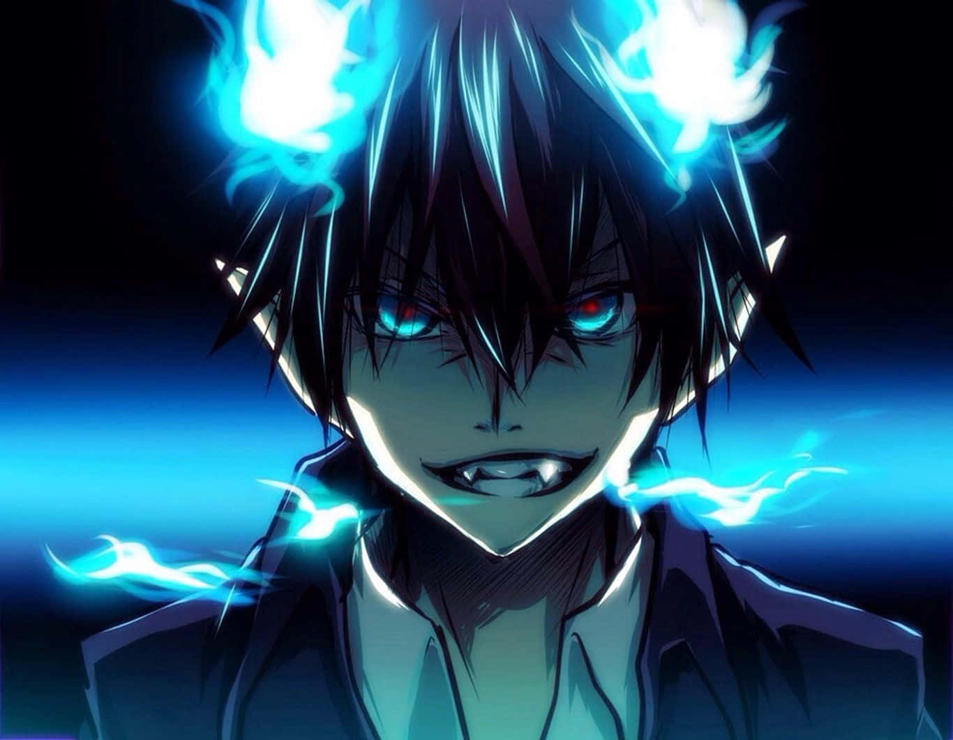 Rin Okumura, full demon form, glowing blue flames, HD Desktop Wallpaper