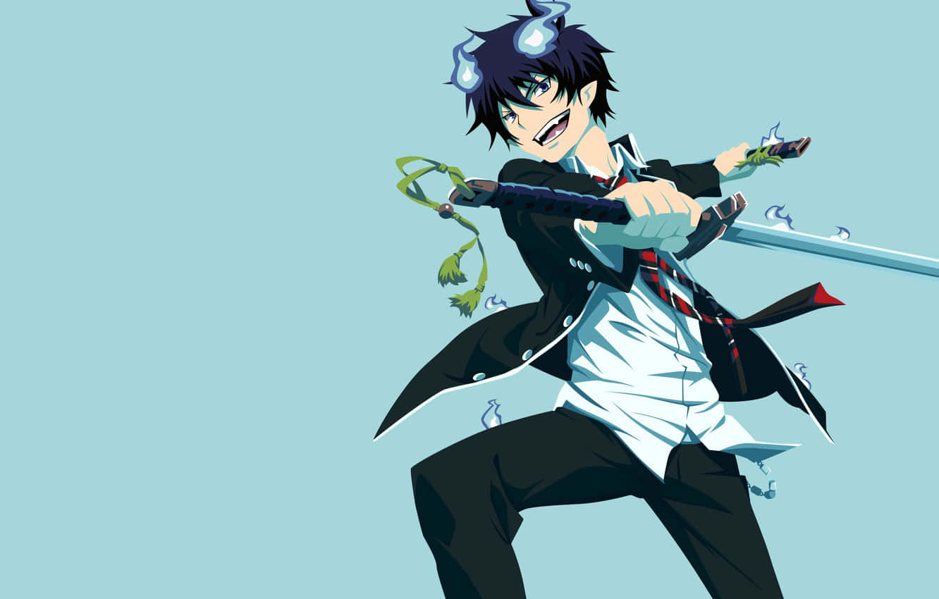 Rin Okumura, blue flames, sword with green tassels, HD Desktop Wallpaper