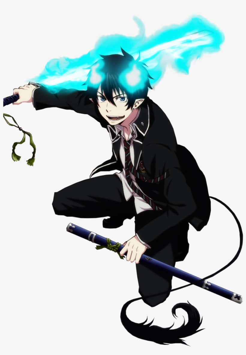 Rin Okumura, blue flames, glowing blue sword, SD Phone Wallpaper