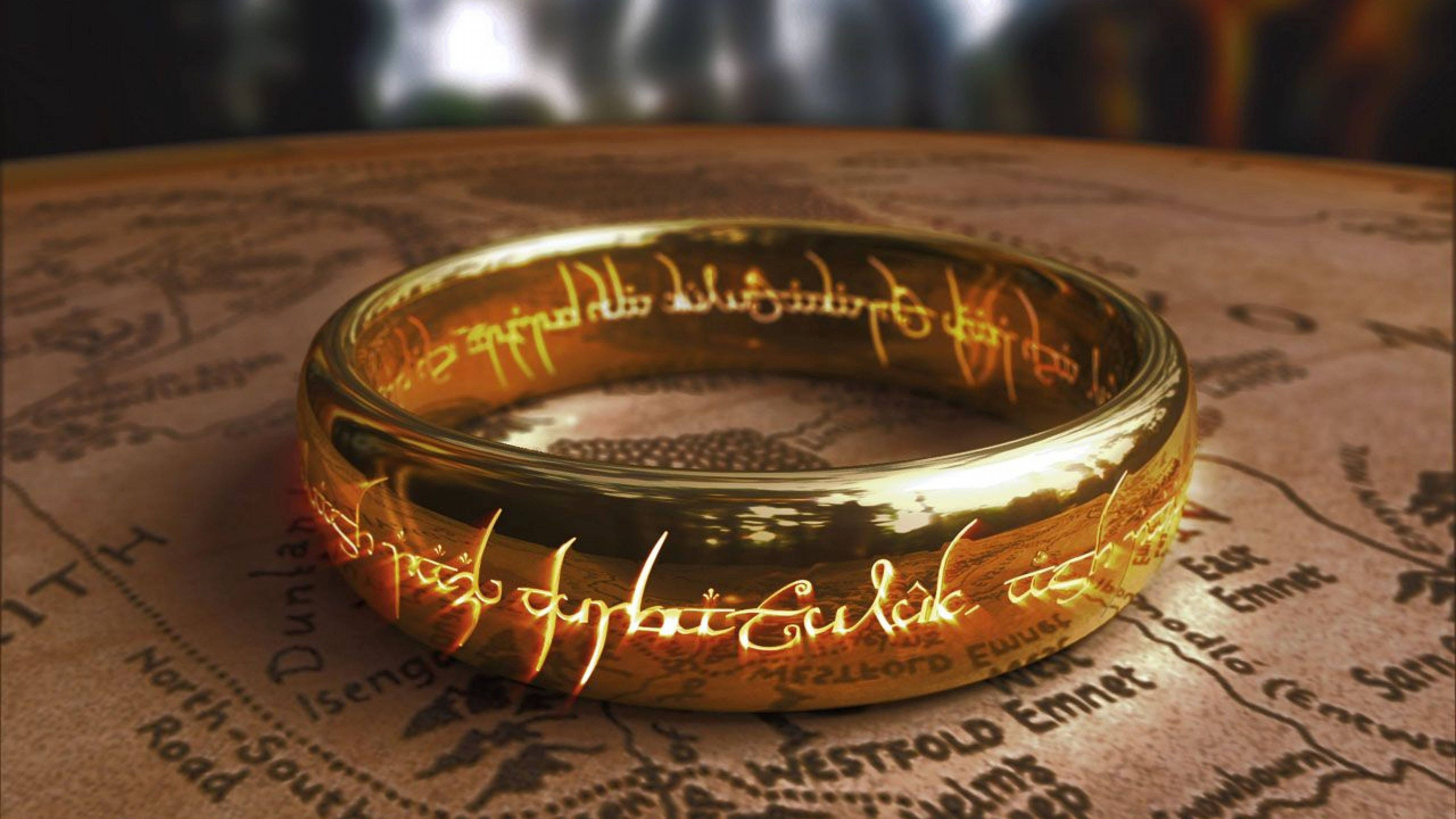 The One Ring, golden ring, glowing Elvish script, 4K Desktop Wallpaper
