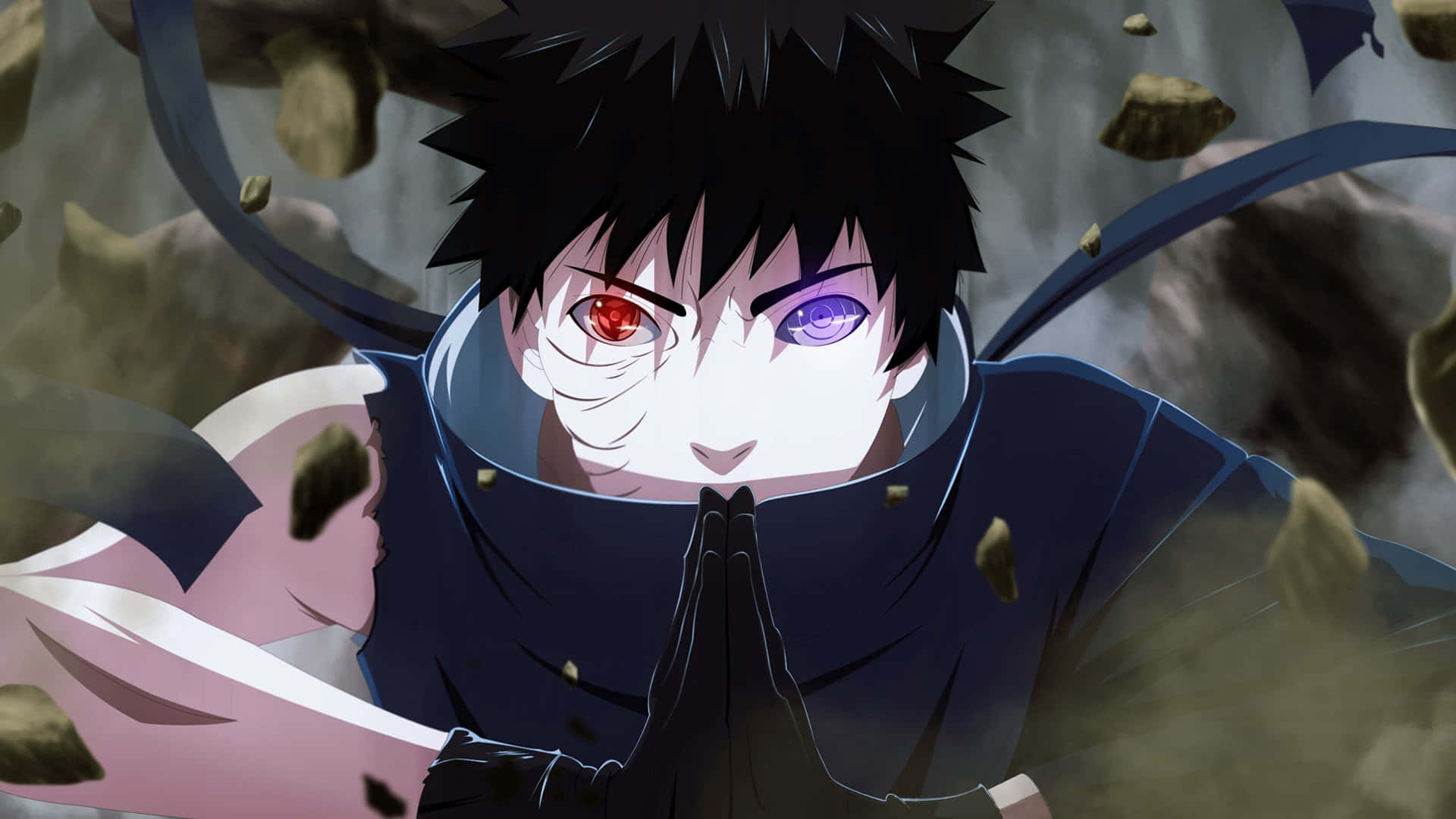 Rinnegan, spiky black hair, red and purple eyes, Full HD Desktop Wallpaper
