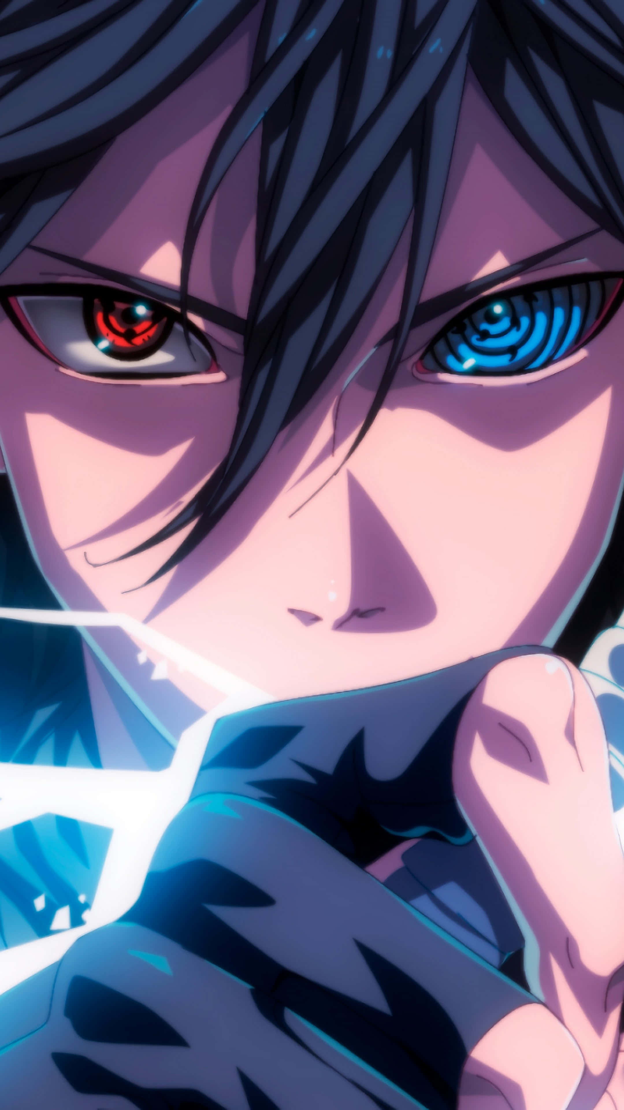 Rinnegan, mismatched red and blue eyes, glowing sword, 4K Phone Wallpaper