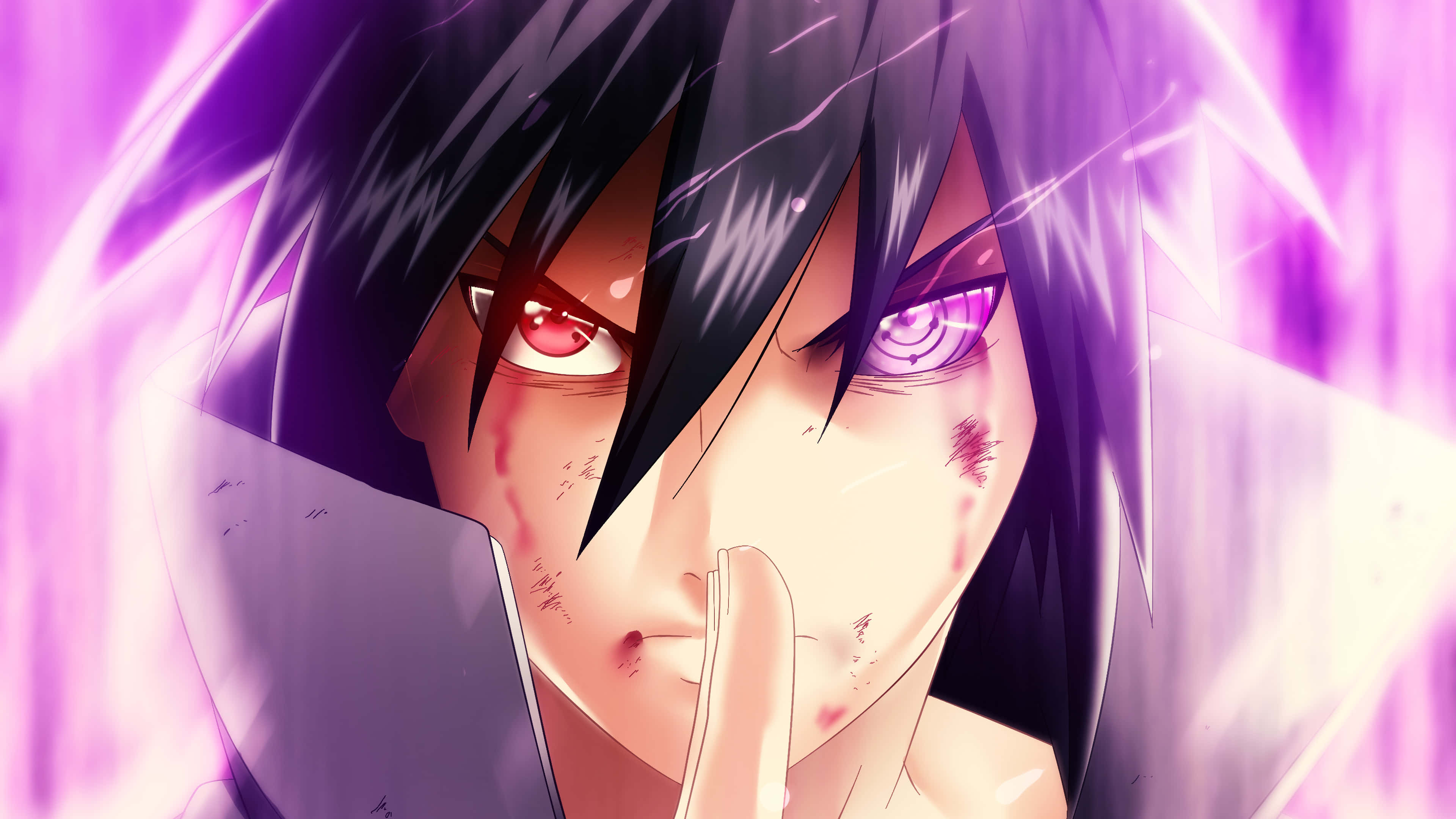 Rinnegan, black hair, mismatched red and purple eyes, 4K Desktop Wallpaper