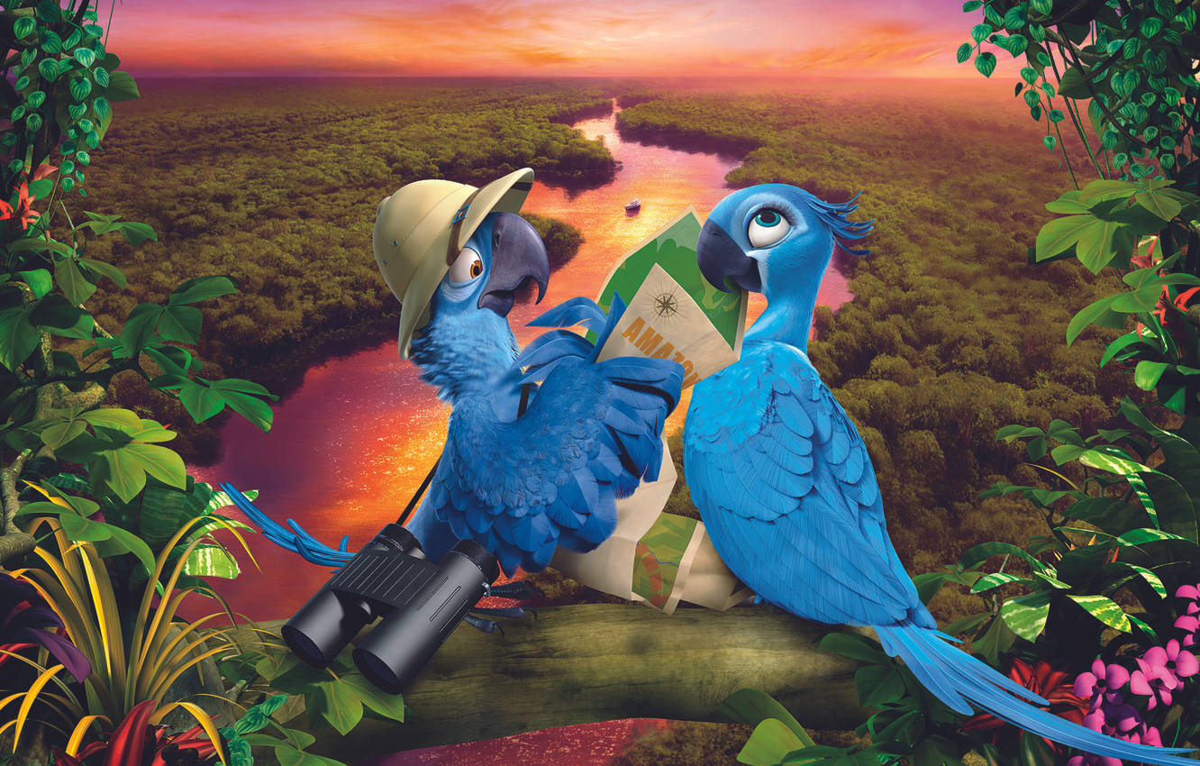 Rio 2, sunset sky, blue macaws, HD Desktop Wallpaper