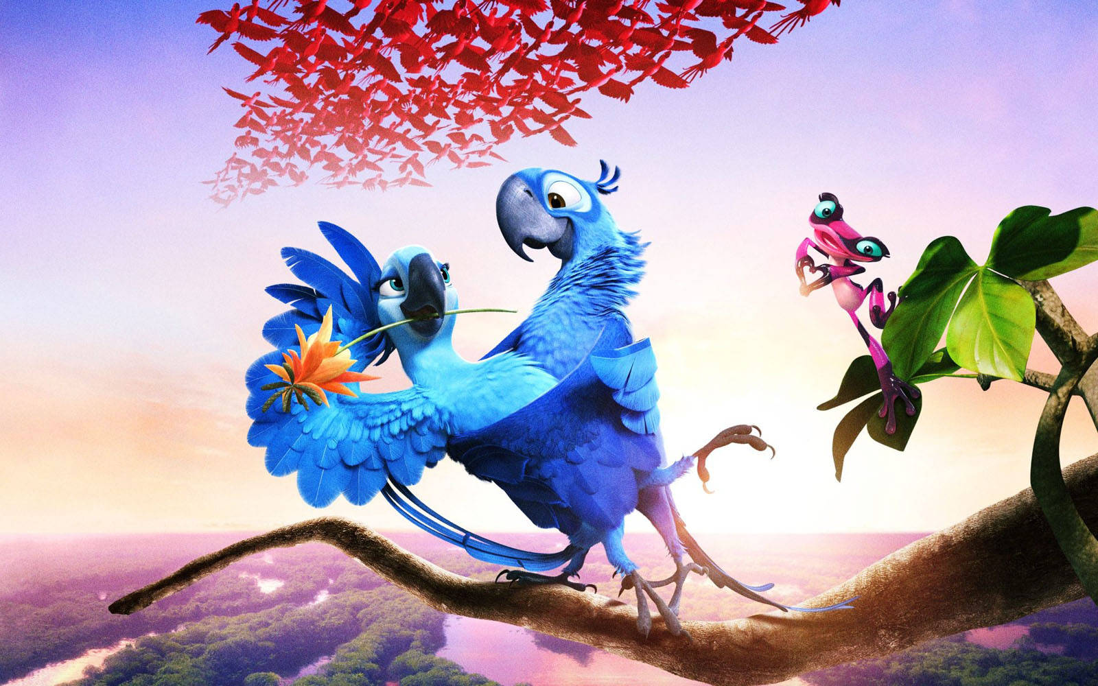 Rio 2, macaws, red leaves, HD Desktop Wallpaper