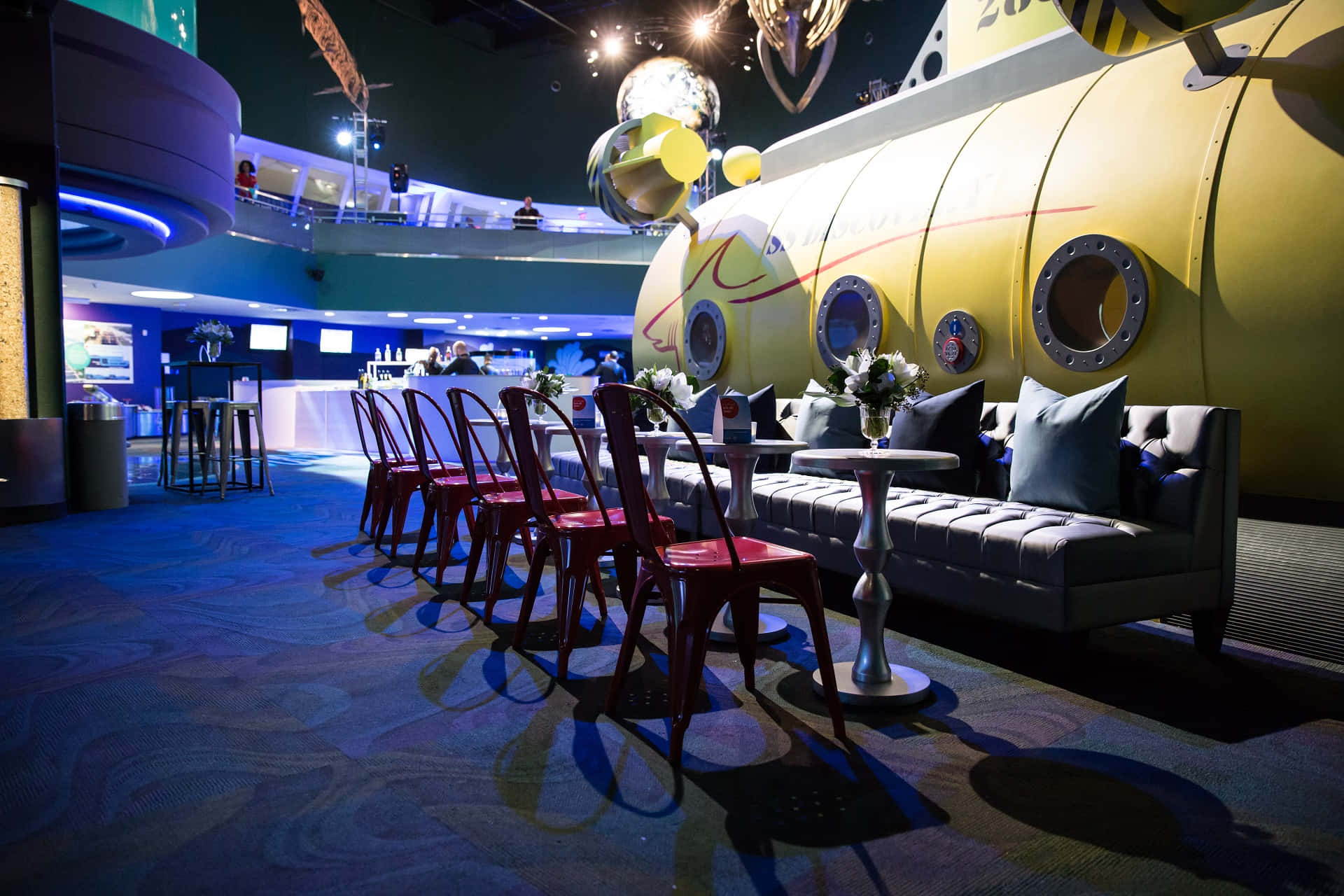 Ripley’s Aquarium, submarine themed seating area, red chairs, Full HD Desktop Wallpaper