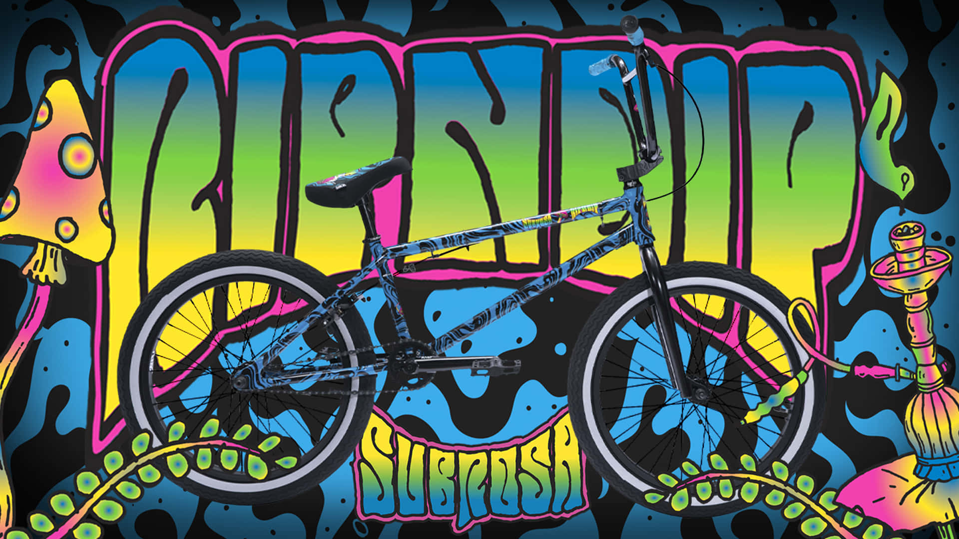 blue BMX bike, vibrant graffiti wall, neon colors, Full HD Desktop Wallpaper