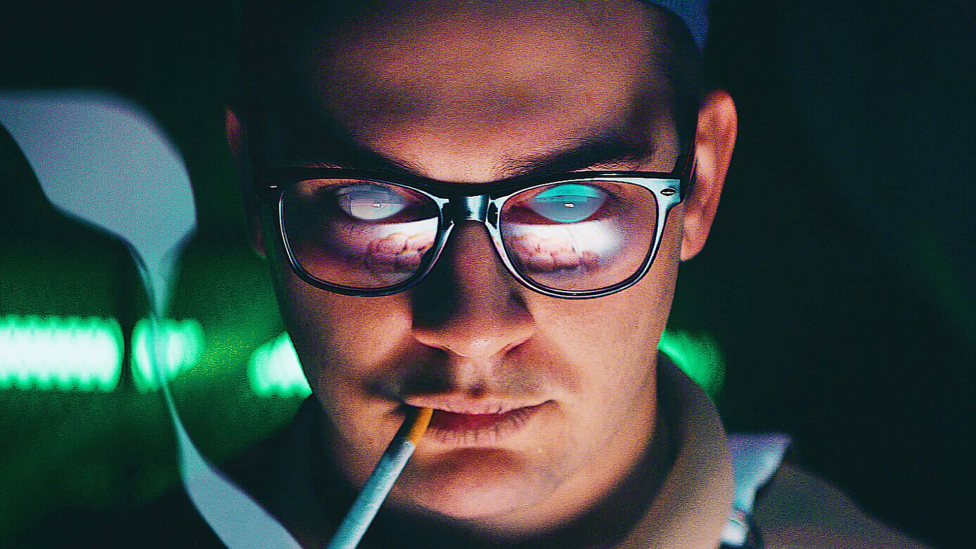 neon green lights, dark room, man with glasses, Full HD Desktop Wallpaper