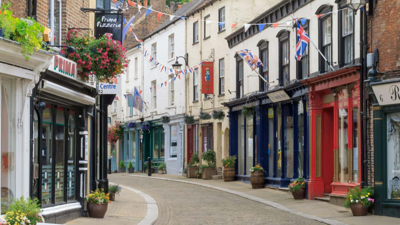 Ripon, cobblestone street, colorful shops, HD Desktop Wallpaper