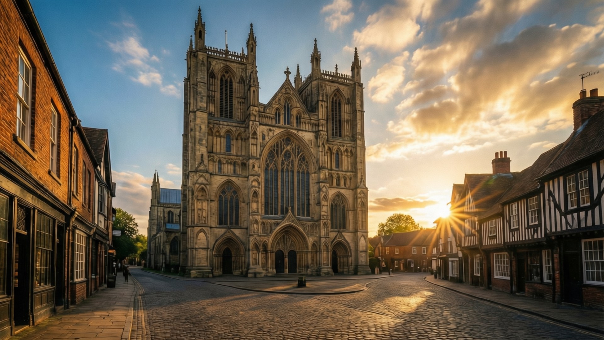 Gothic cathedral, cobblestone street, golden sunset light, Full HD Desktop Wallpaper