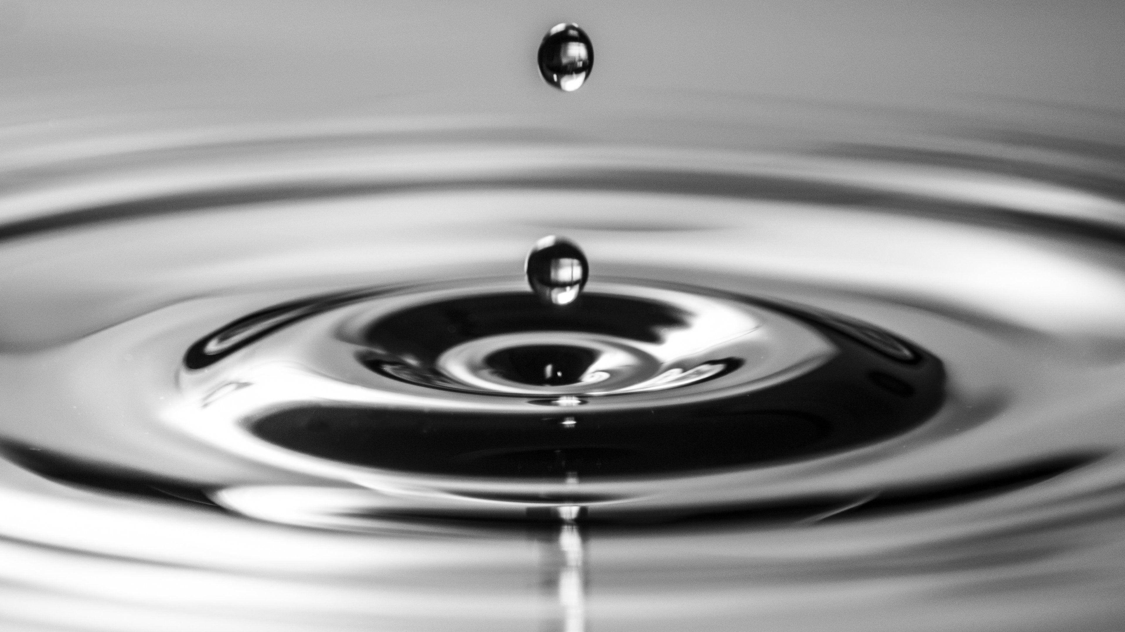 grayscale, water droplet, concentric ripples, 4K Desktop Wallpaper
