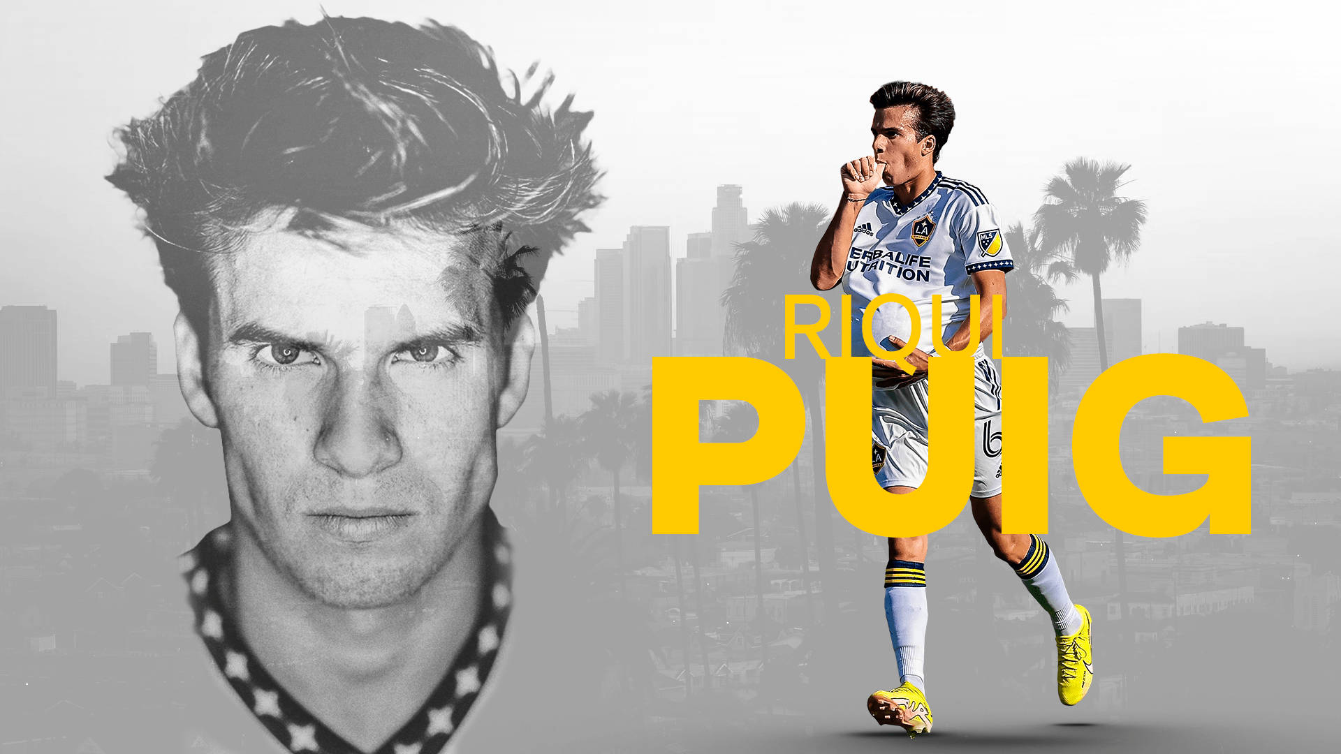 Riqui Puig, LA Galaxy jersey, city skyline, Full HD Desktop Wallpaper