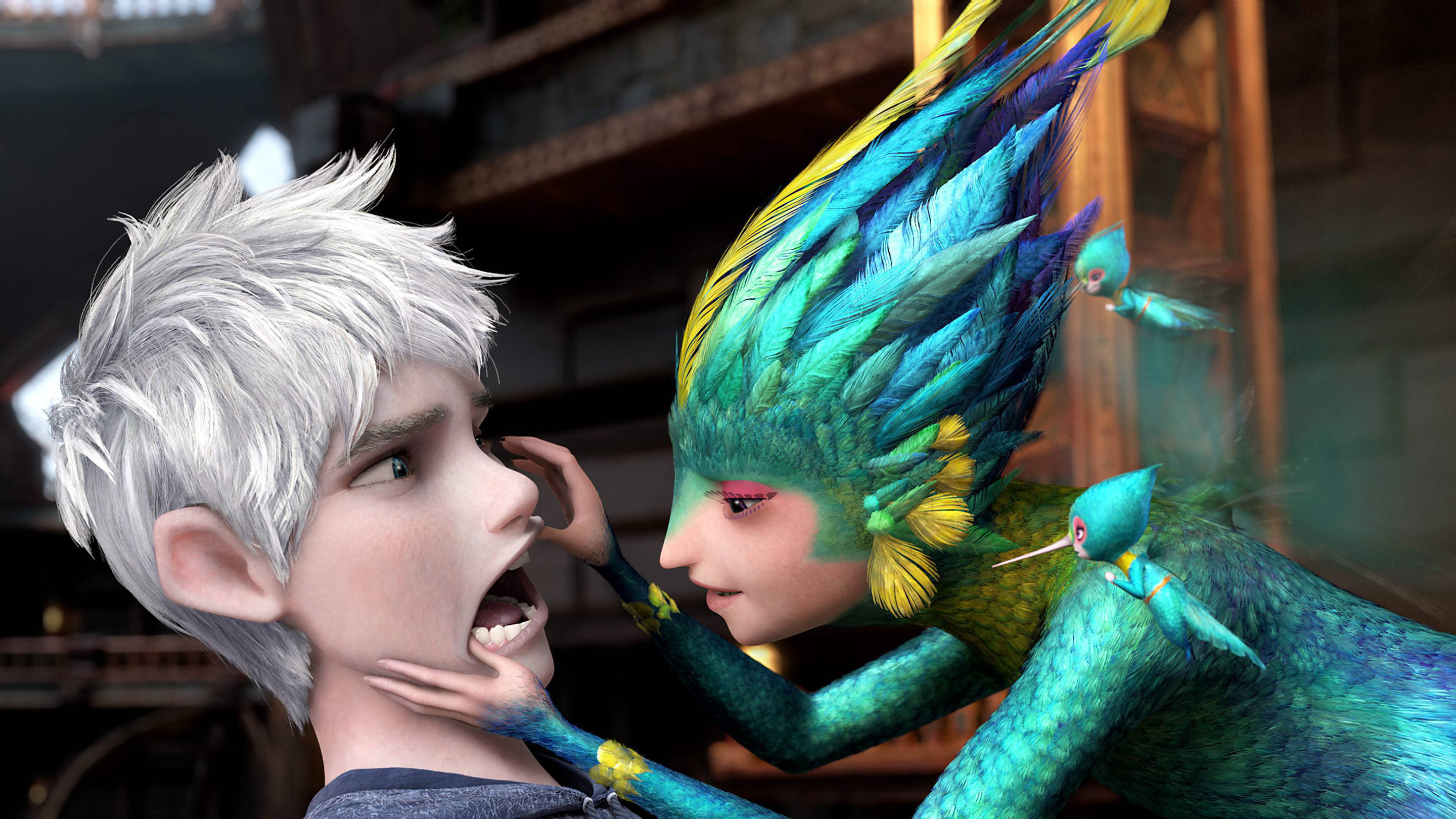 Rise Of The Guardians, white hair, vibrant teal and yellow feathered creature, 2K Desktop Wallpaper