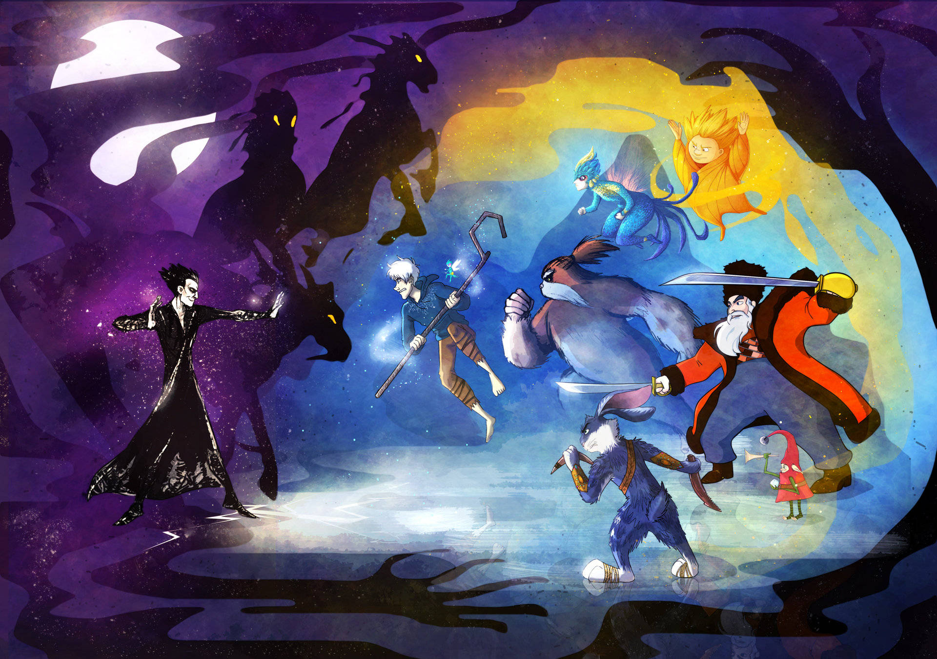 Rise Of The Guardians, cosmic purple sky, heroes with swords and magic, Full HD Desktop Wallpaper