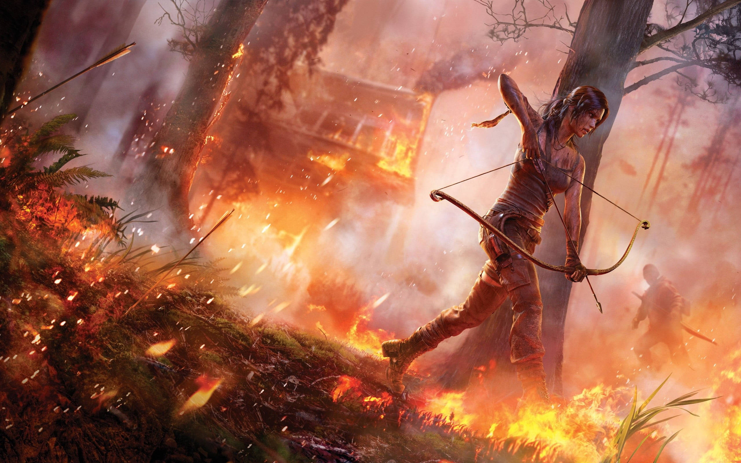 Rise Of The Tomb Raider, fiery forest, warrior woman, 2K Desktop Wallpaper